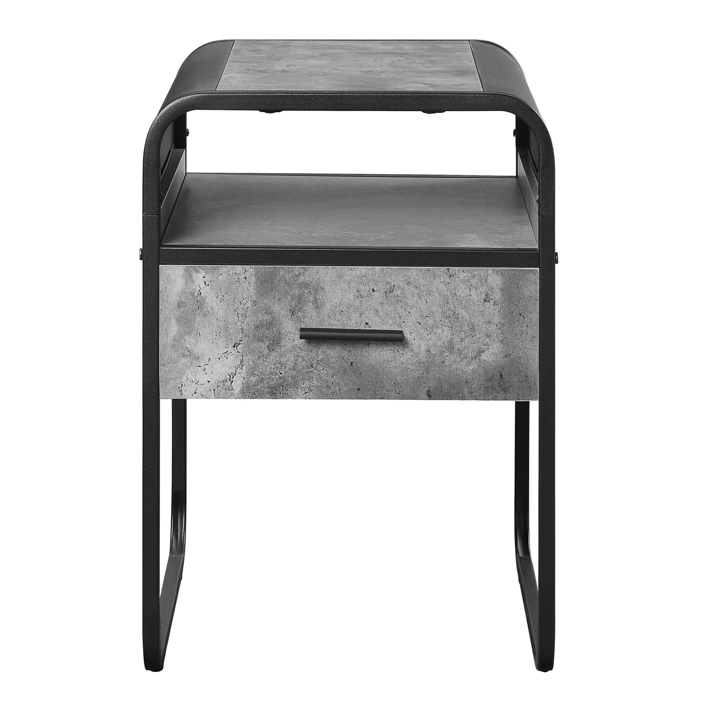 Gray concrete effect side table with black metal frame and one drawer