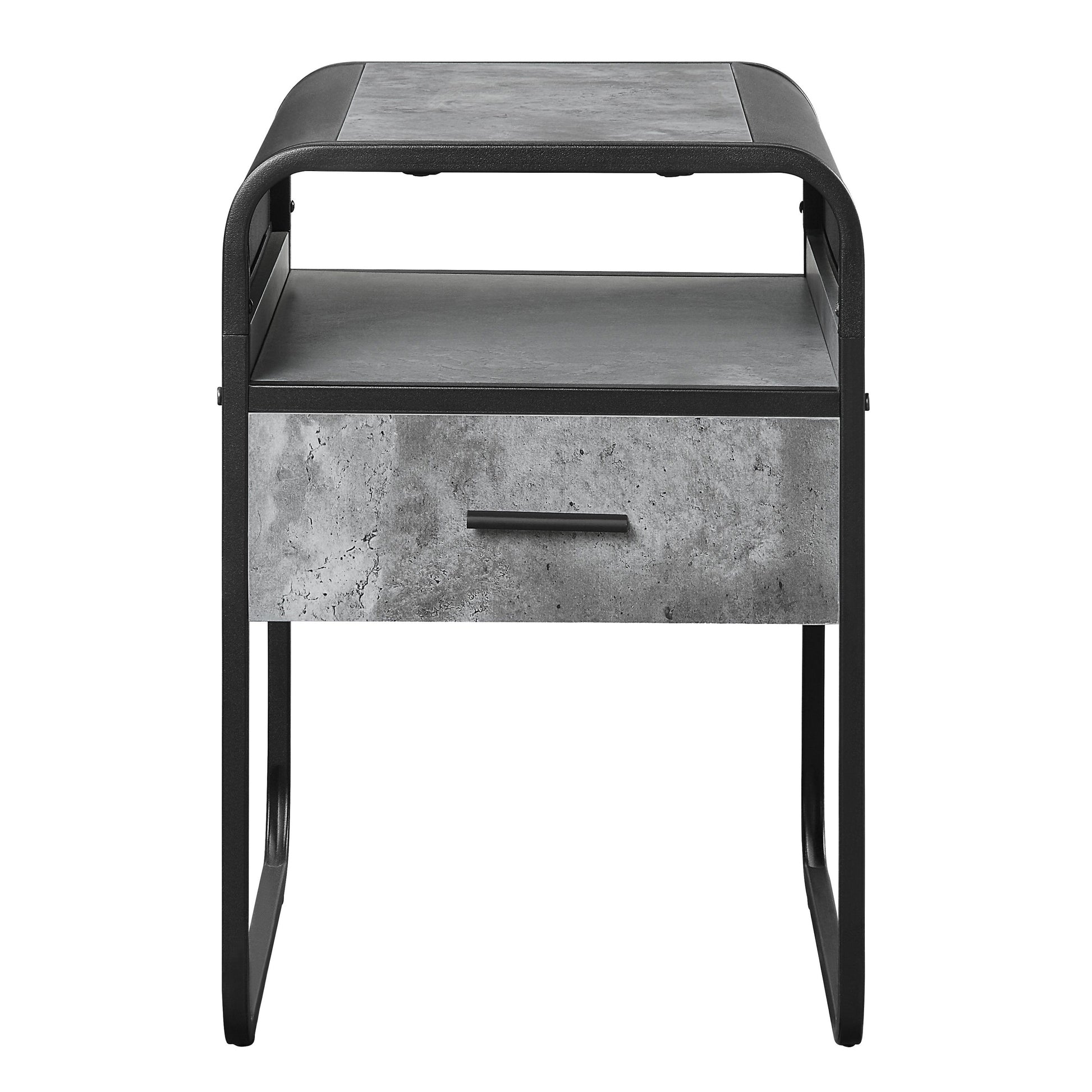 Gray concrete effect side table with black metal frame and one drawer