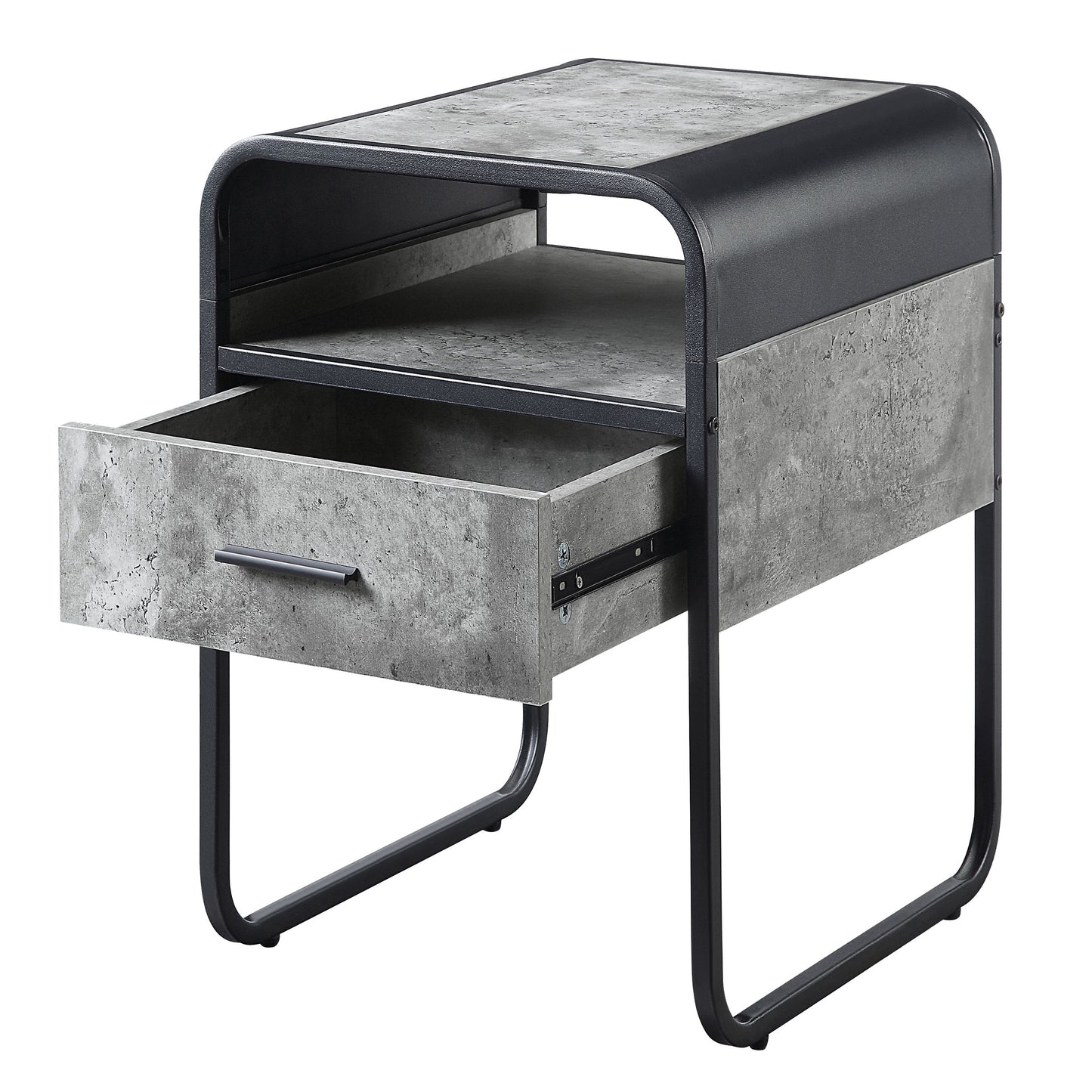 Industrial style nightstand with concrete finish drawer and black metal frame