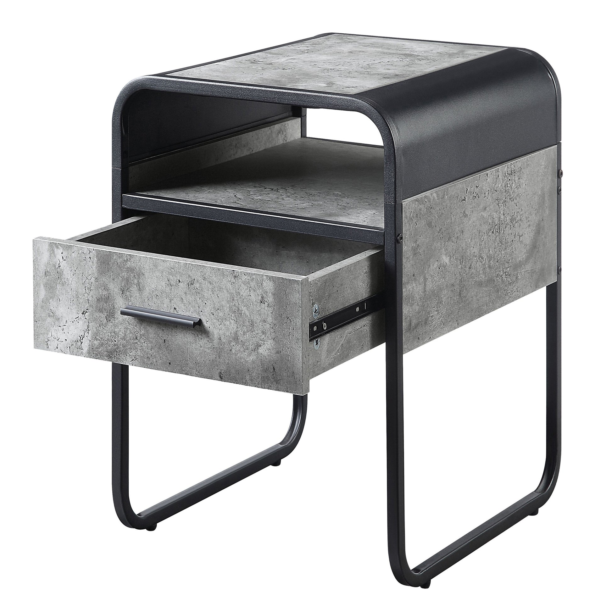 Industrial style nightstand with concrete finish drawer and black metal frame