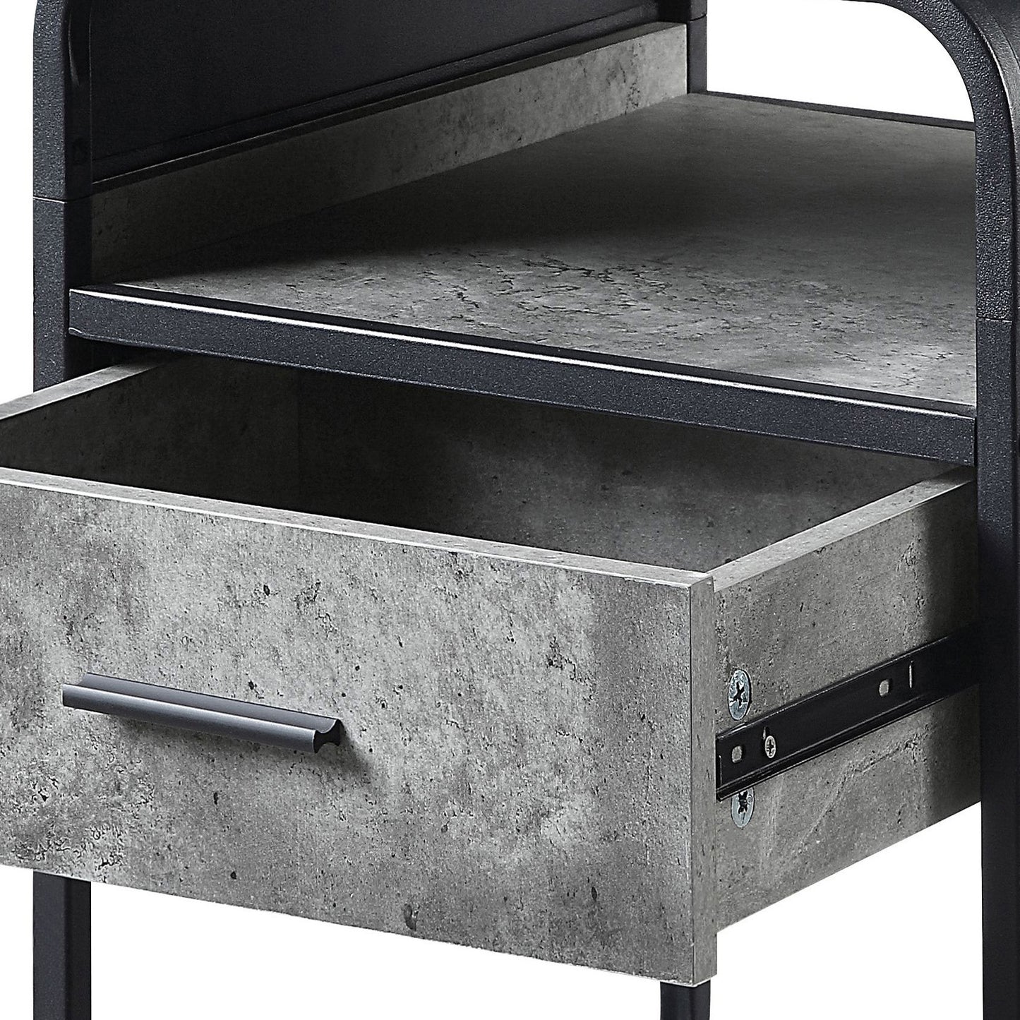 Gray concrete finish nightstand drawer with black metal handle and drawer slides