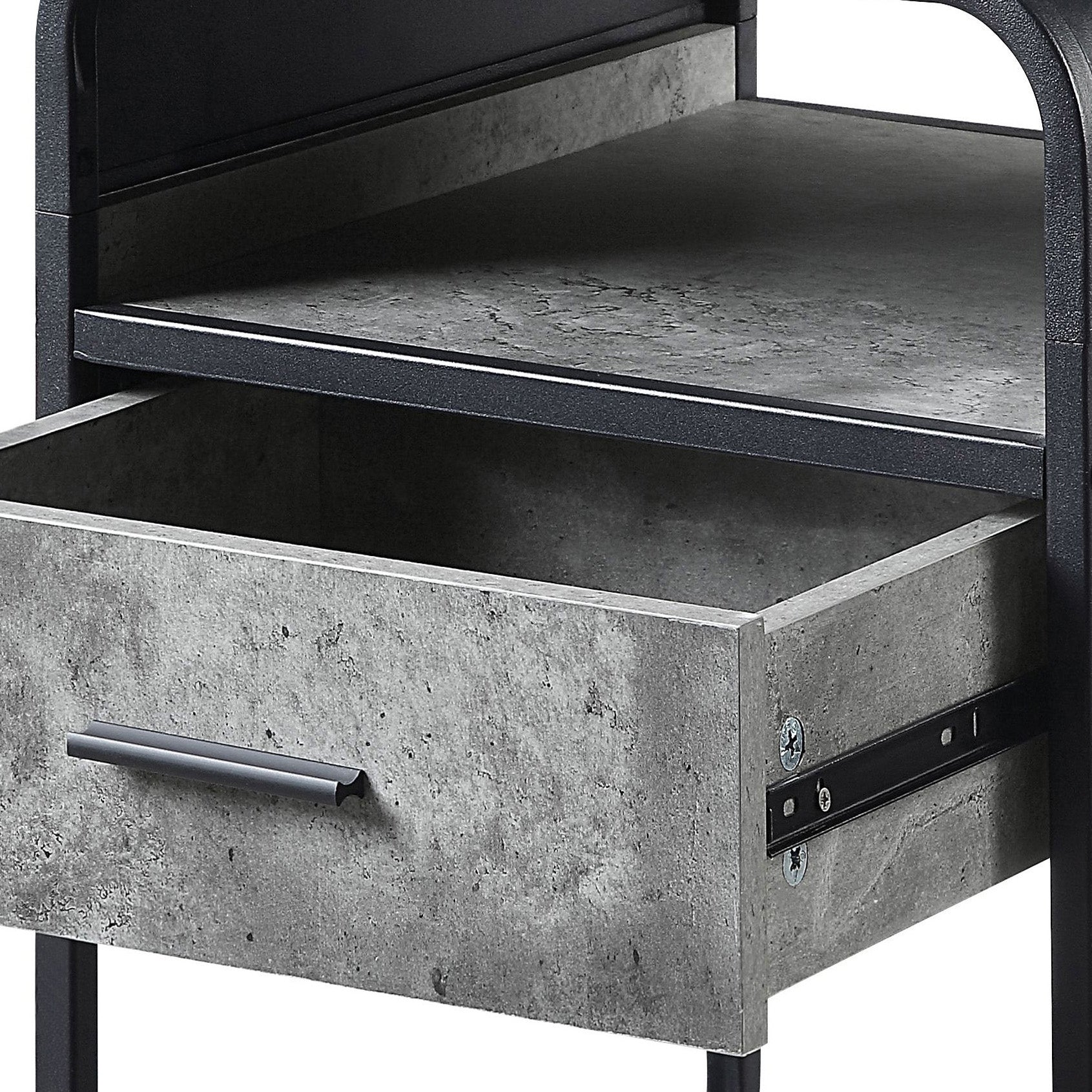 Gray concrete finish nightstand drawer with black metal handle and drawer slides