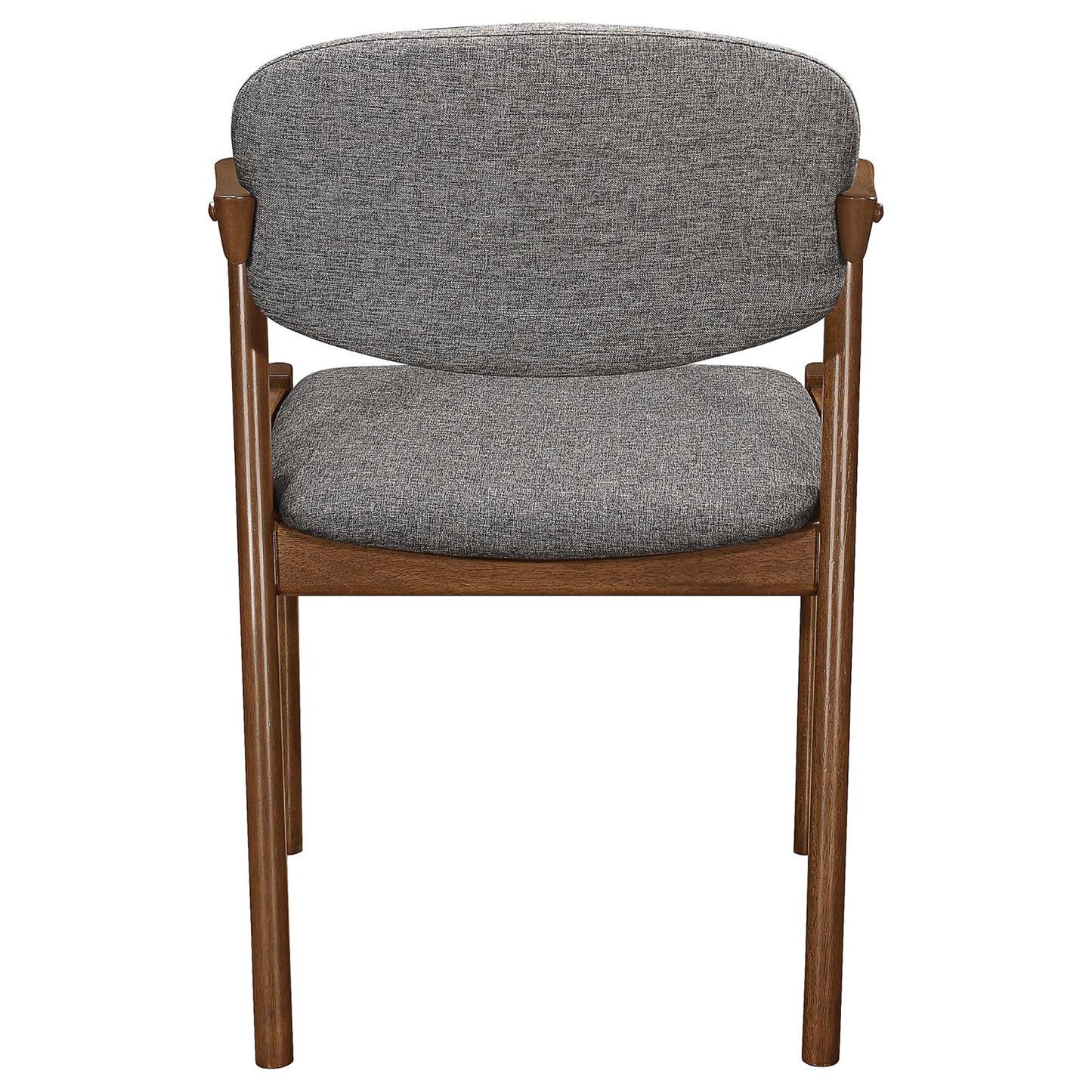 Grey fabric dining chair with curved back and walnut wood frame