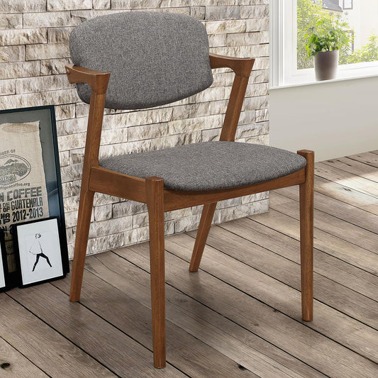 Midcentury modern armchair with grey fabric upholstery and walnut wood frame