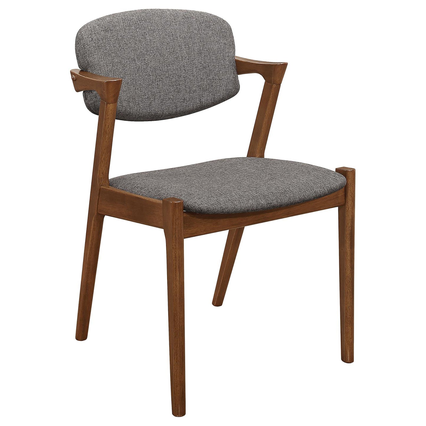 Midcentury modern accent chair with upholstered grey fabric and solid walnut wood frame