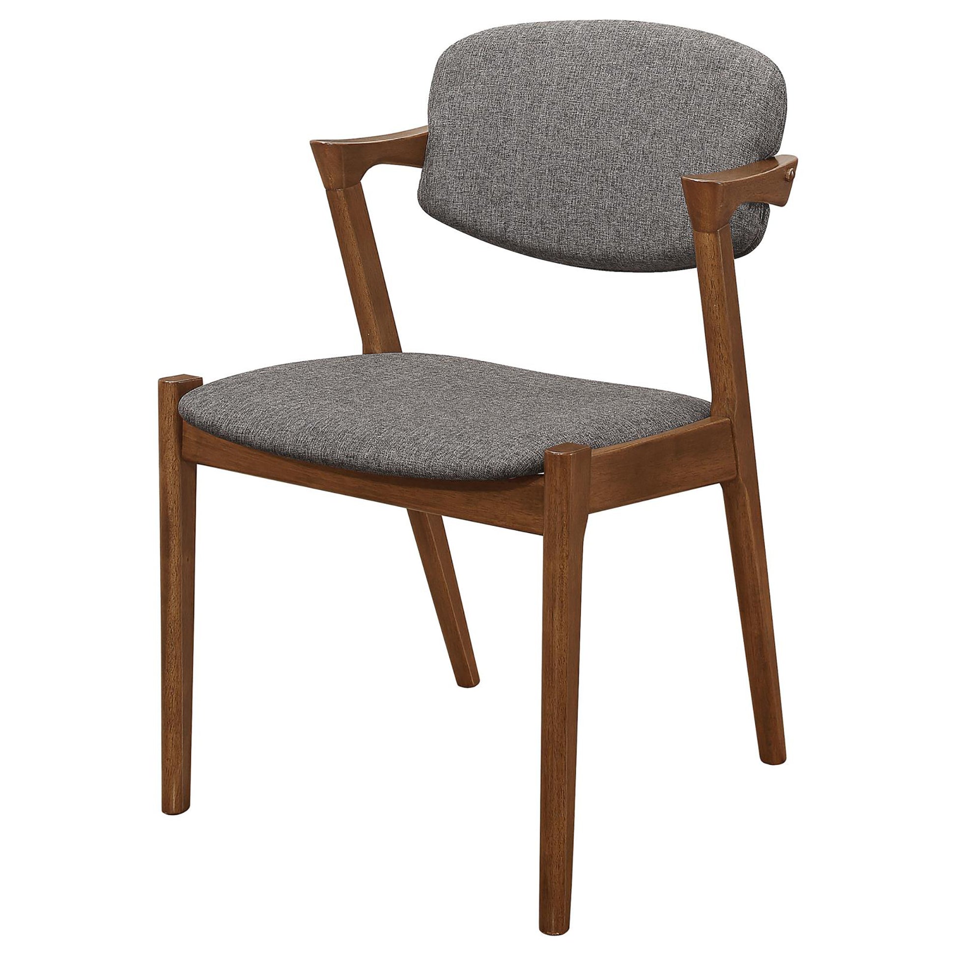 Midcentury modern armchair with grey fabric upholstery and walnut wood frame