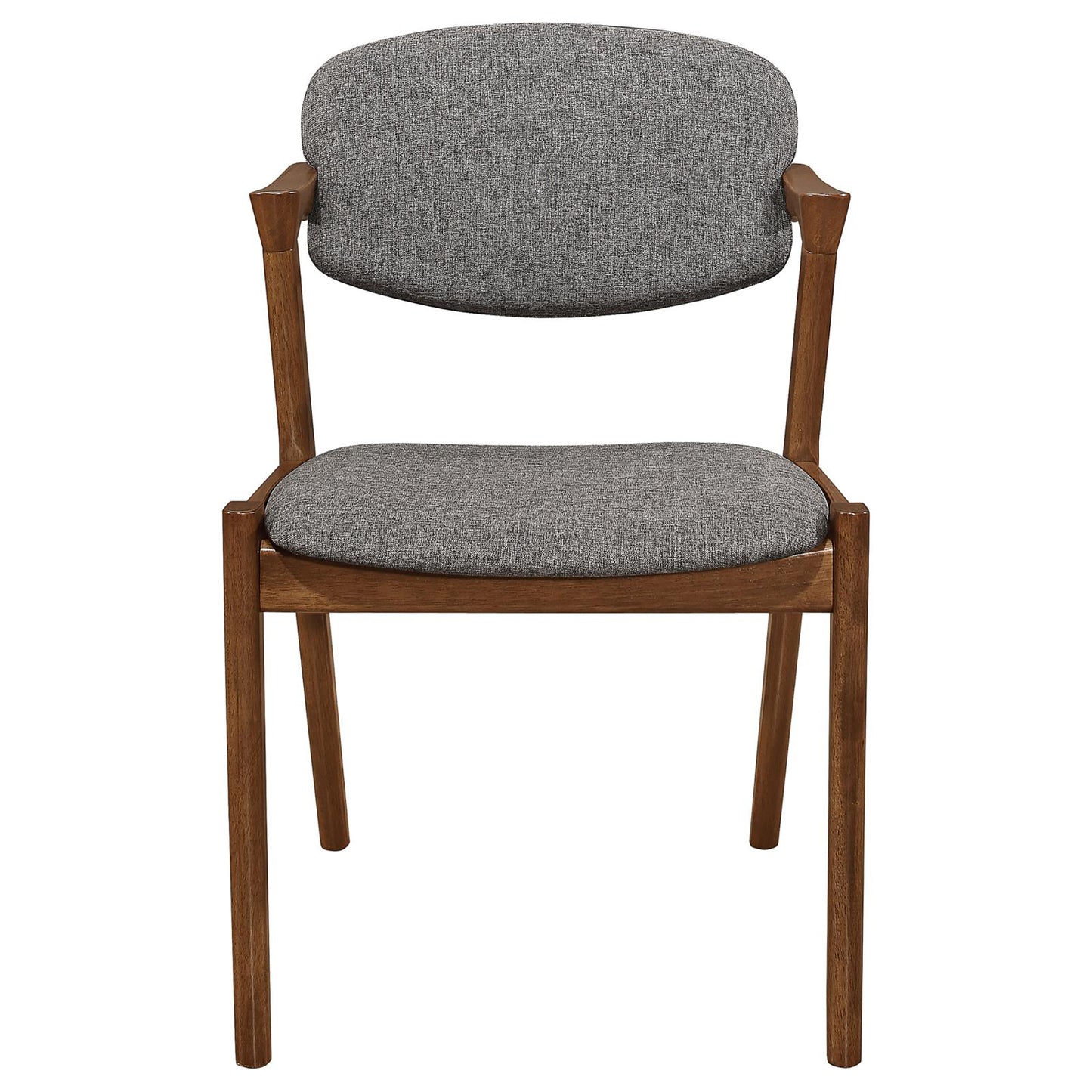 Midcentury modern dining chair with grey fabric seat and walnut wood frame