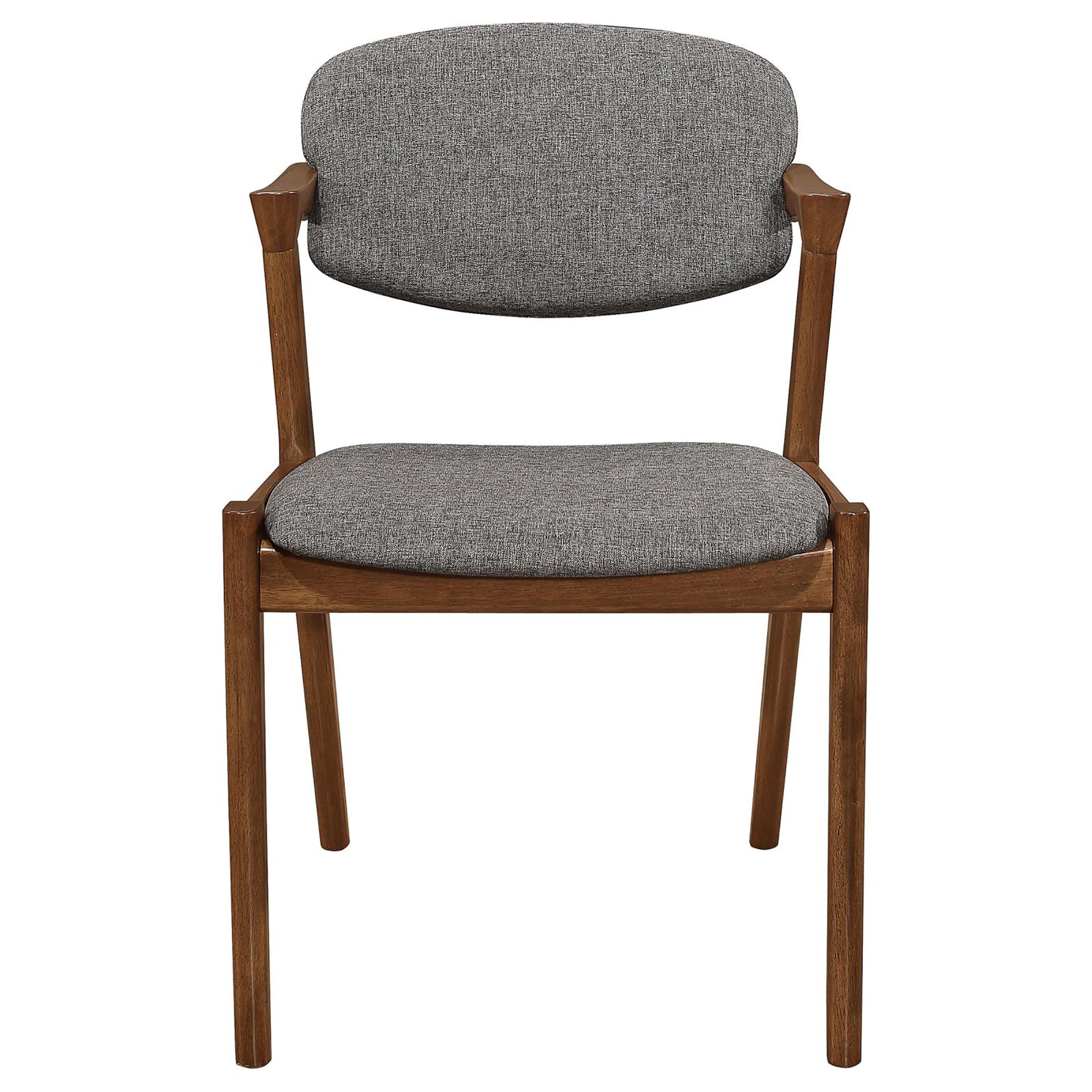 Midcentury modern dining chair with grey fabric seat and walnut wood frame