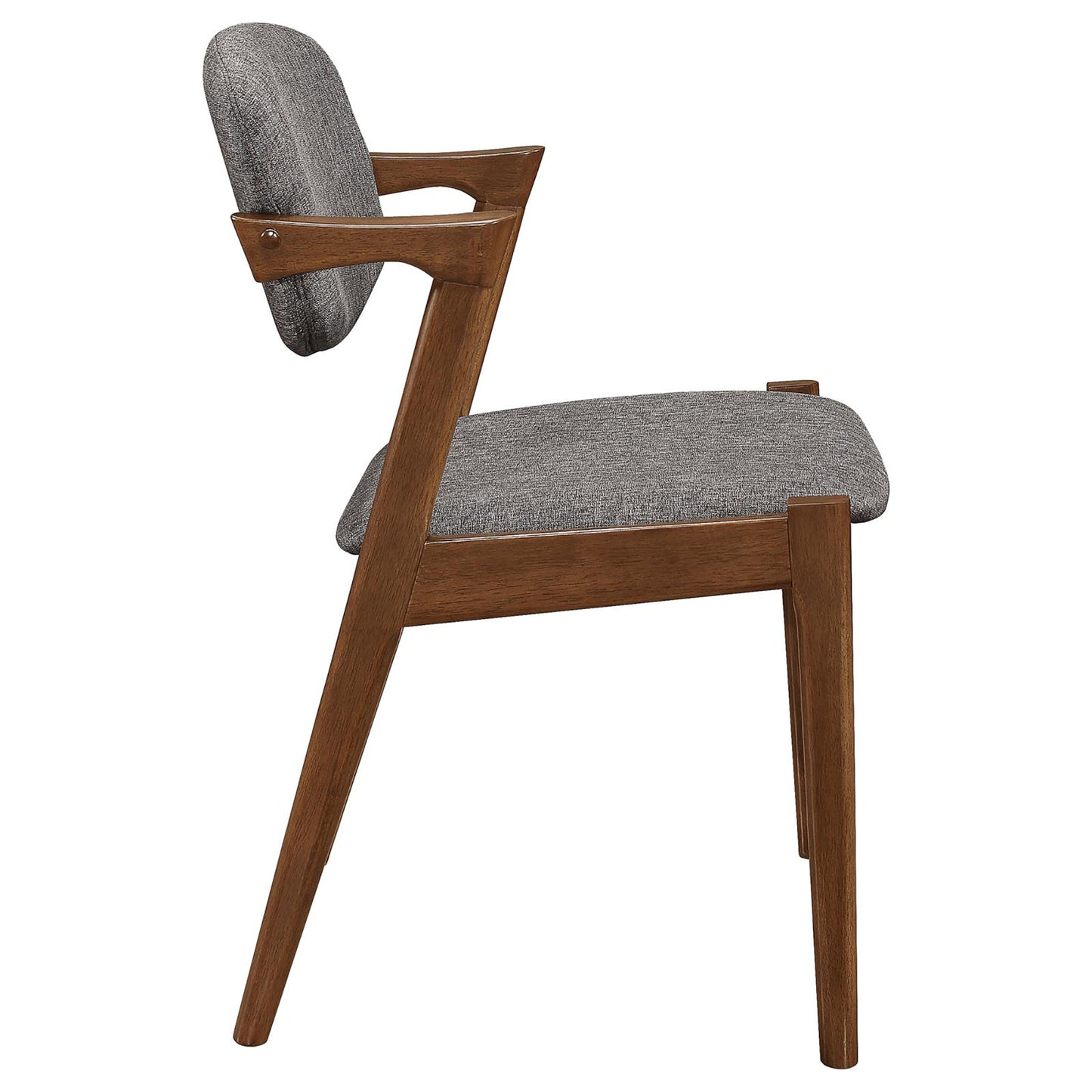 Midcentury modern accent chair with upholstered grey fabric and solid walnut wood frame