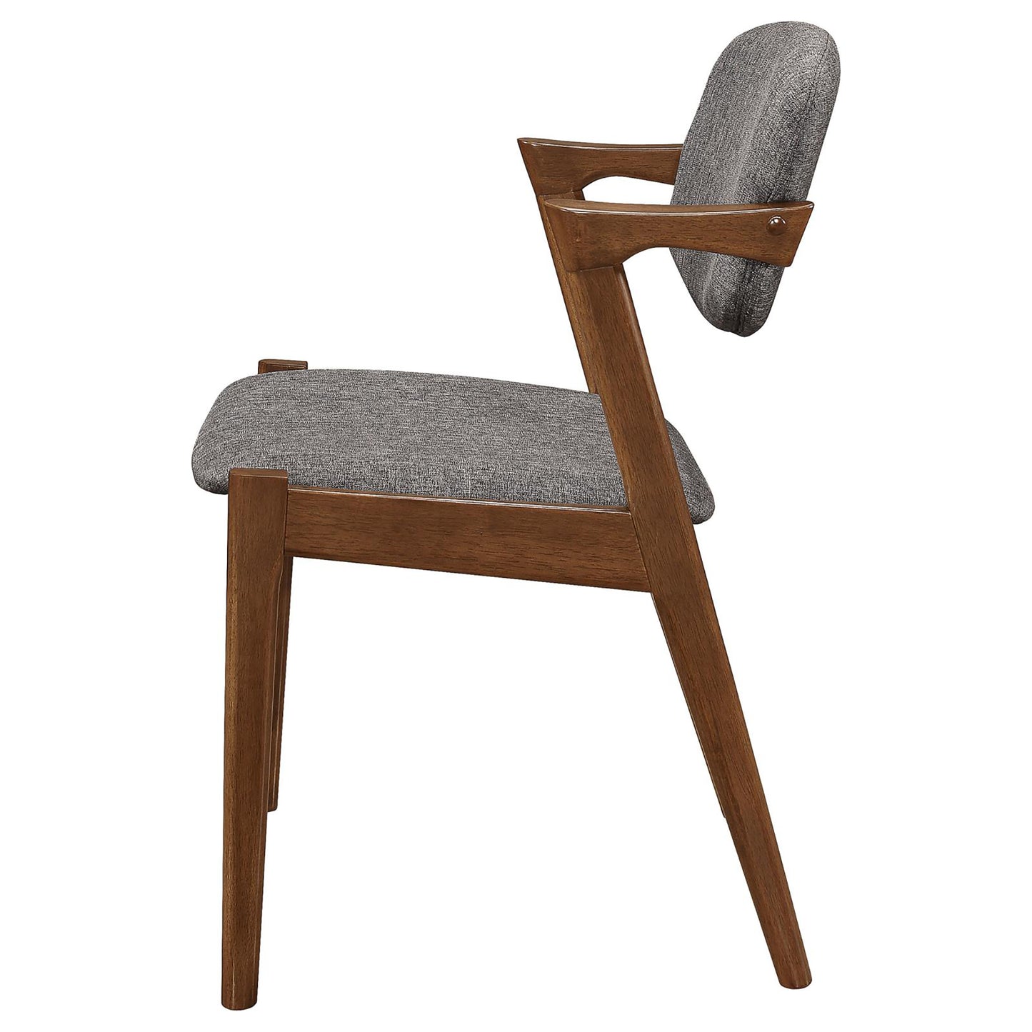 Midcentury modern accent chair with grey fabric upholstery and walnut wood frame