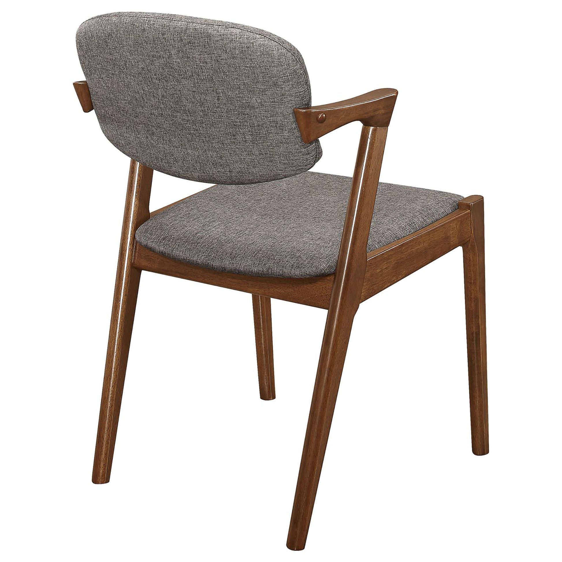 Midcentury modern dining chair with grey fabric seat and walnut wood frame