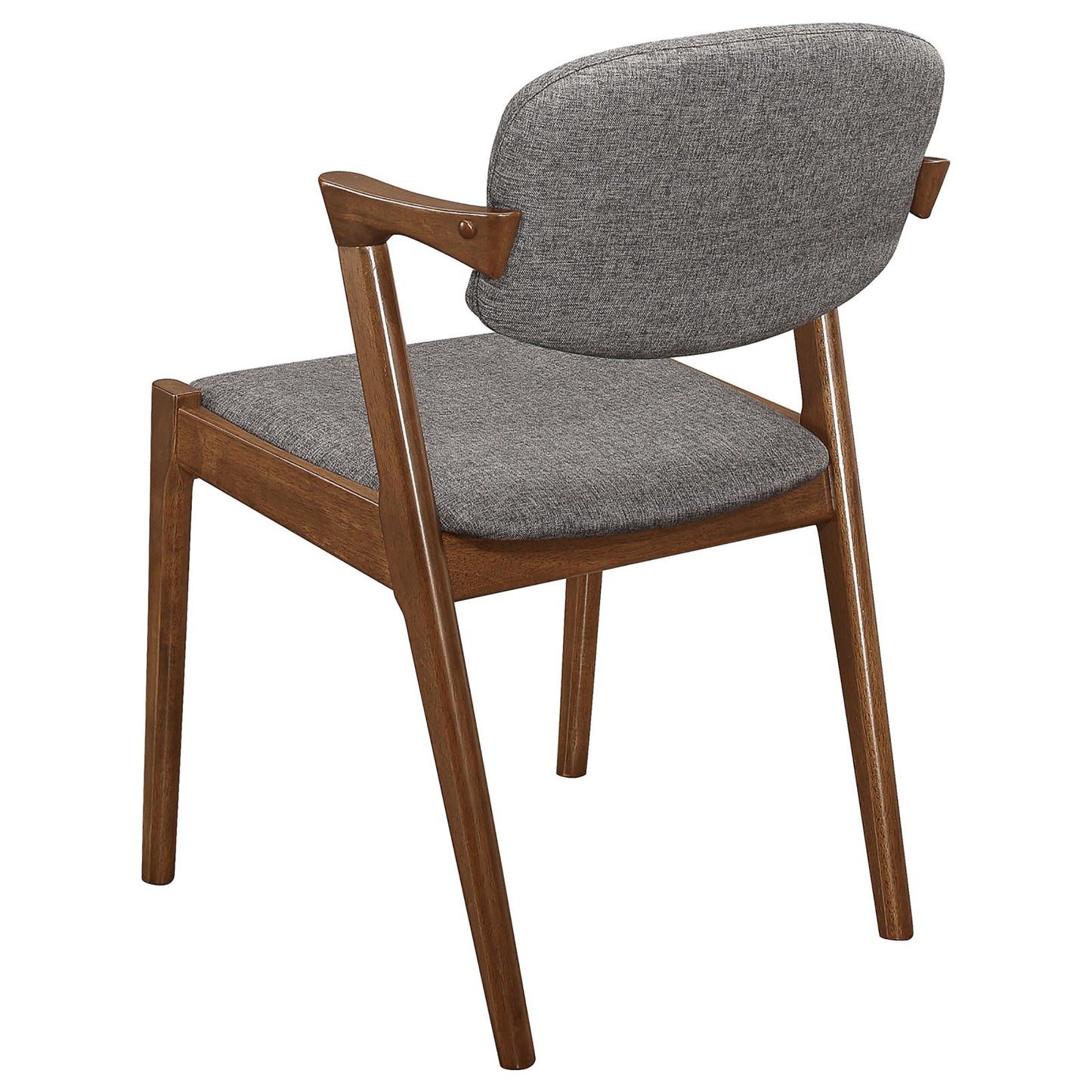 Midcentury modern dining chair with grey fabric upholstery and walnut wood frame