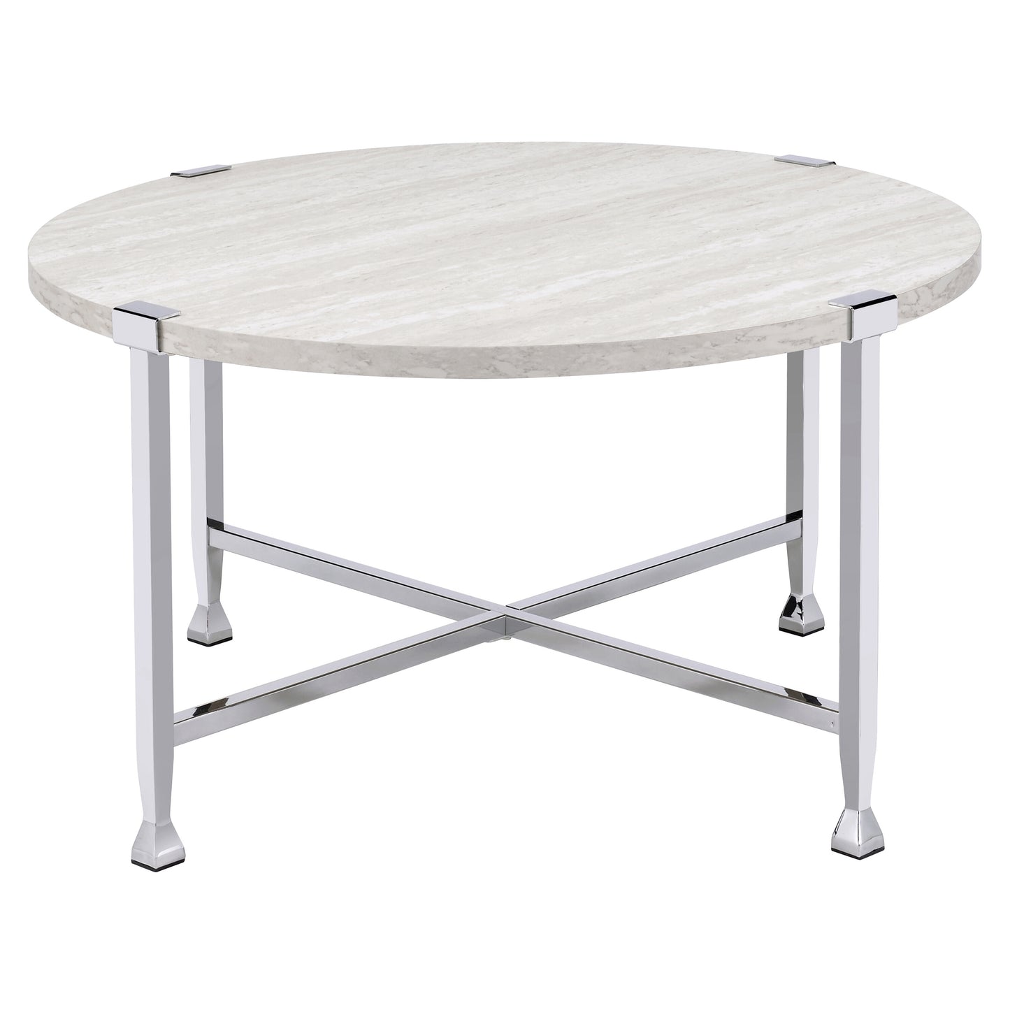 Round travertine top coffee table with polished chrome legs