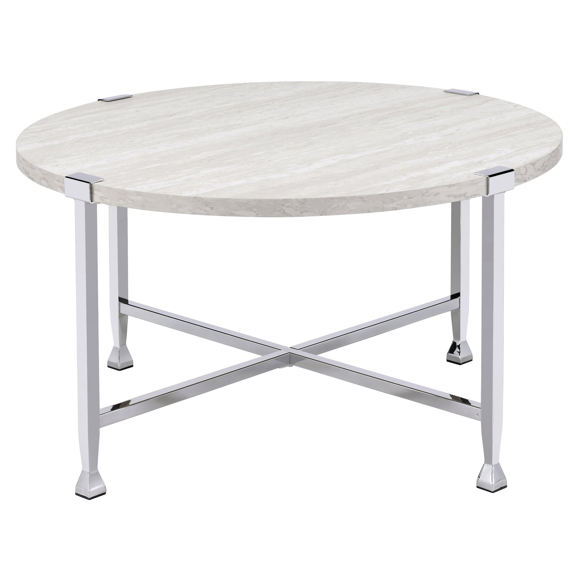 Round travertine top coffee table with polished chrome legs