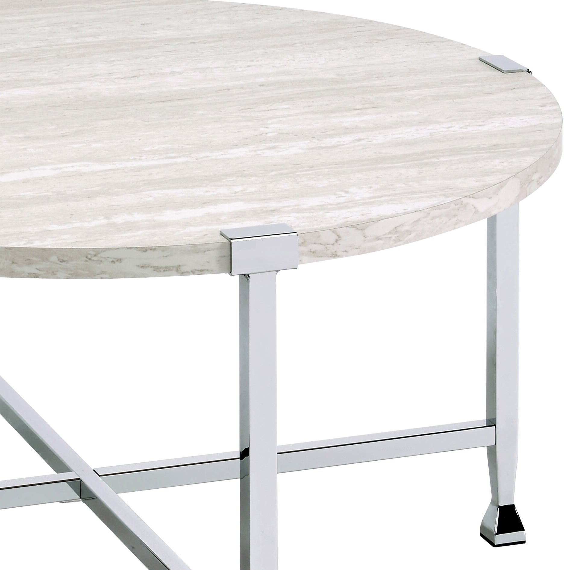 Round marble coffee table with chrome legs and modern accents