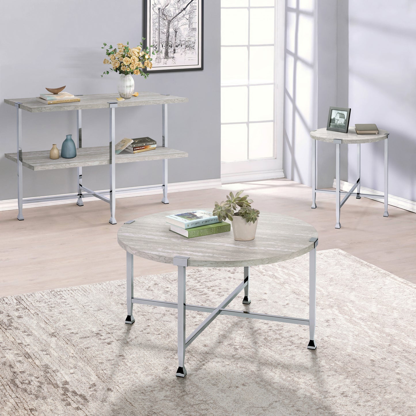 Round faux marble coffee table with silver legs and a plant  characters