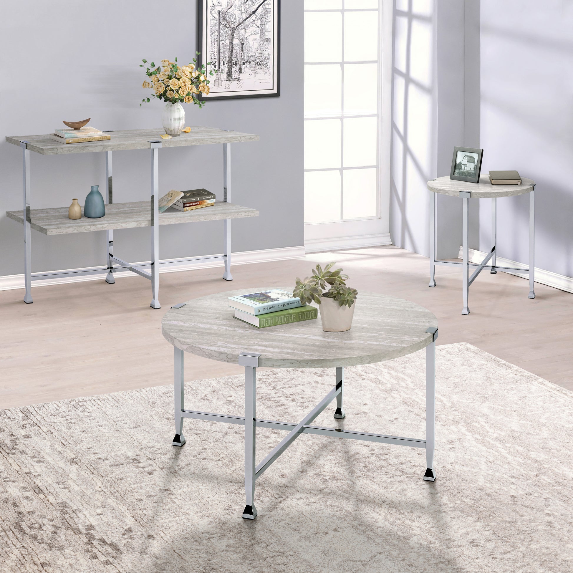 Round faux marble coffee table with silver legs and a plant  characters