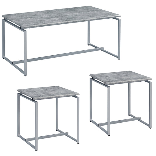 Set of three modern coffee tables with gray concretelook tops and silver metal frames