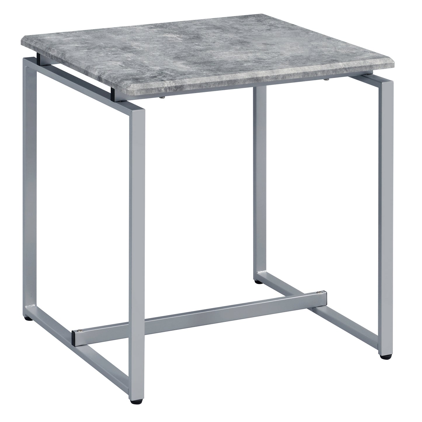 Square concrete side table with silver metal frame legs
