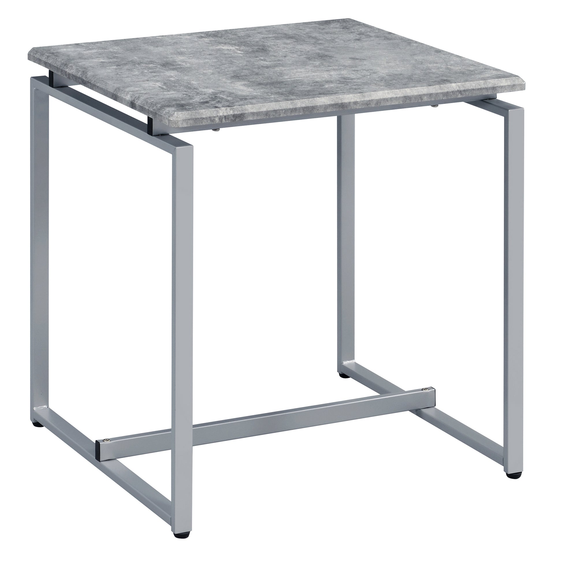 Square concrete side table with silver metal frame legs