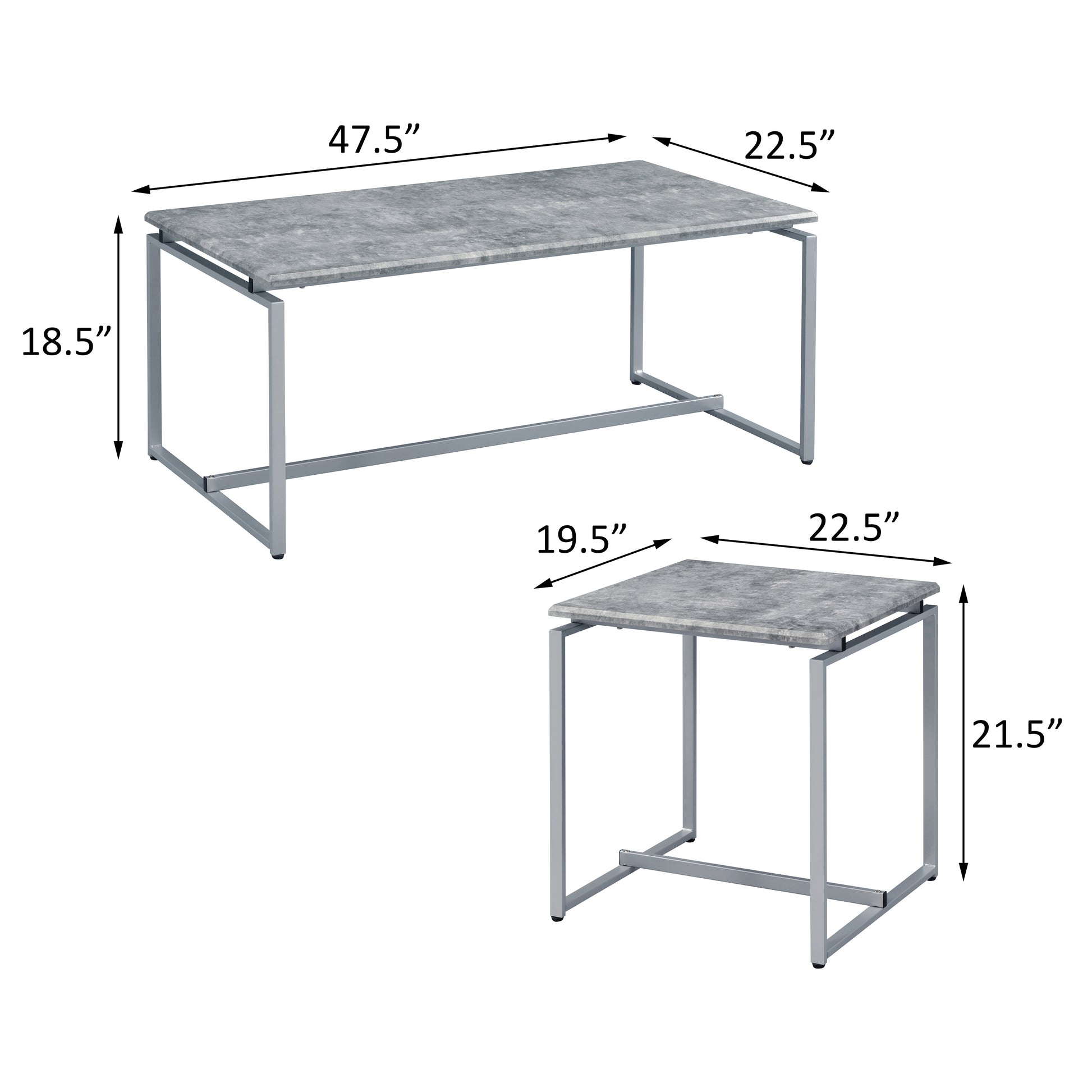 Set of two modern coffee tables with gray faux marble tops and silver metal frames dimensions shown