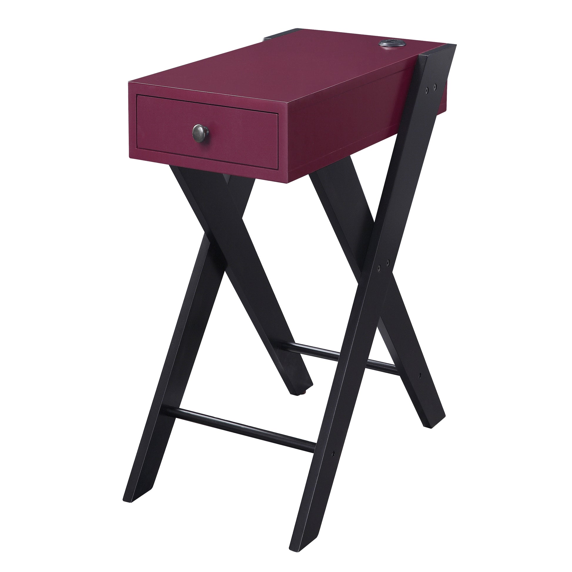 Plum side table with a single drawer and Xshaped black metal legs