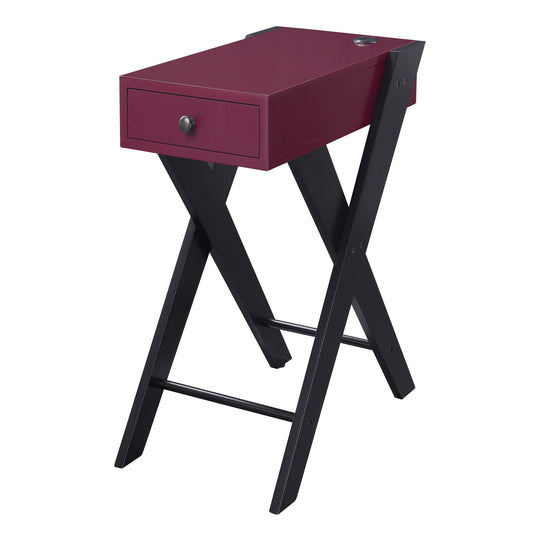Plum side table with a single drawer and Xshaped black metal legs