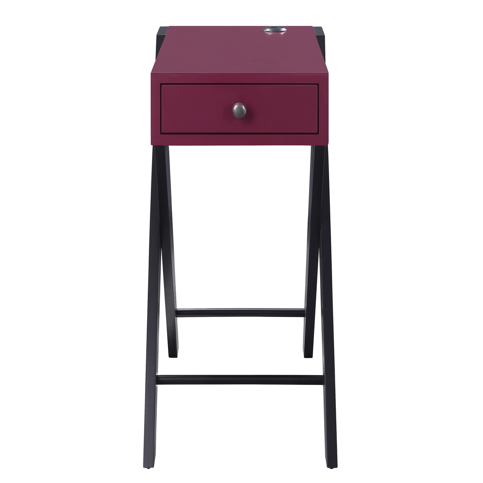 Deep red contemporary desk with a single drawer and builtin USB port