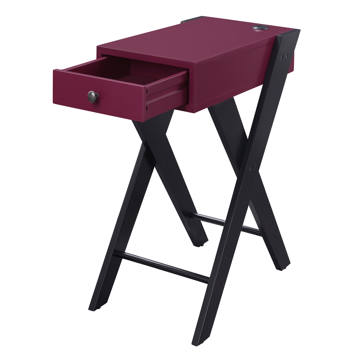 Maroon accent table with an open drawer and black Xframe legs