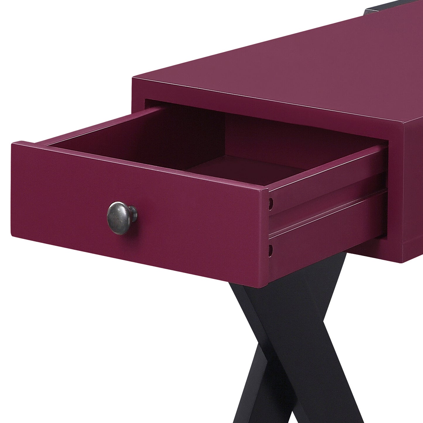 Plum end table with one open drawer and brushed nickel knob