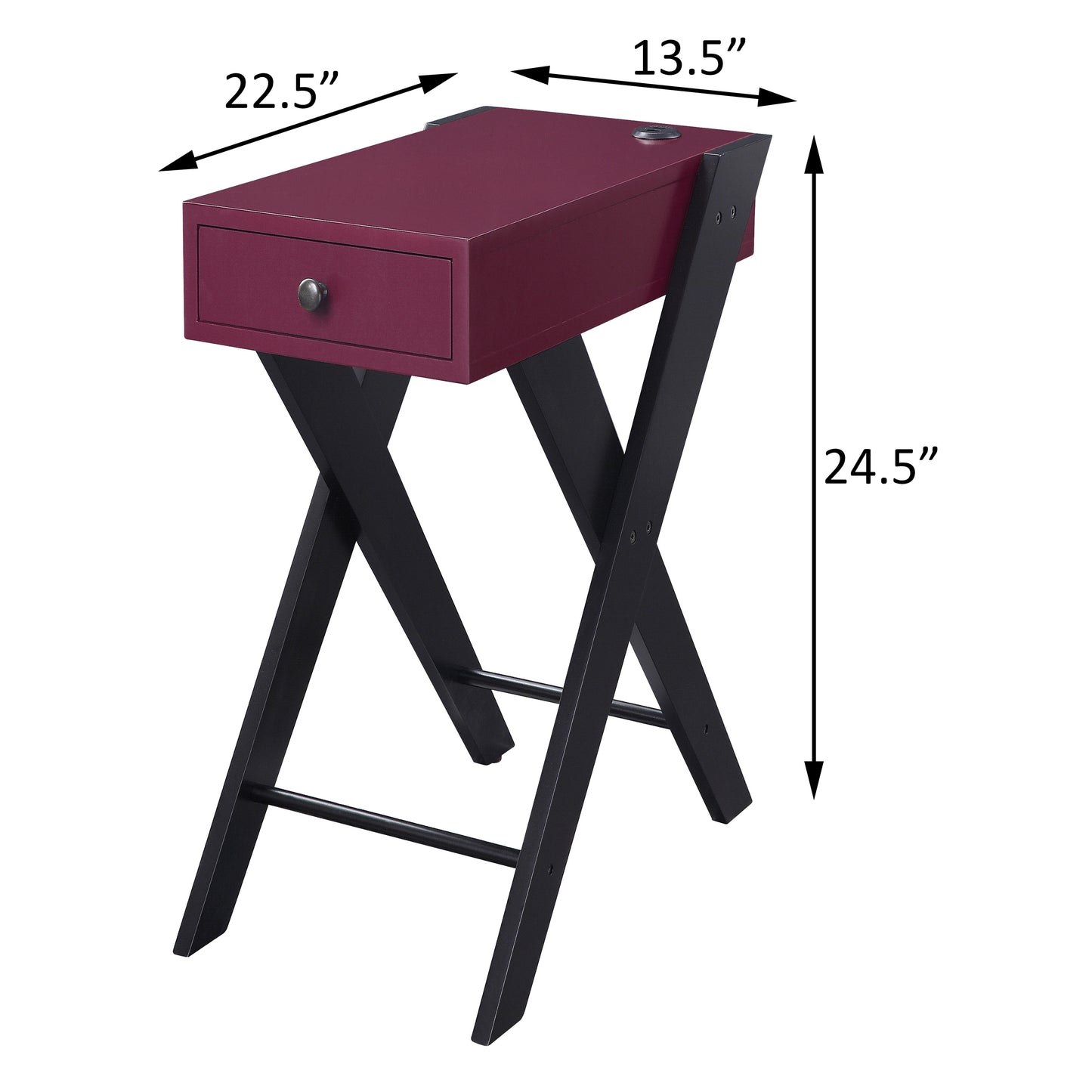 Maroon accent console table with a drawer and black Xframe legs