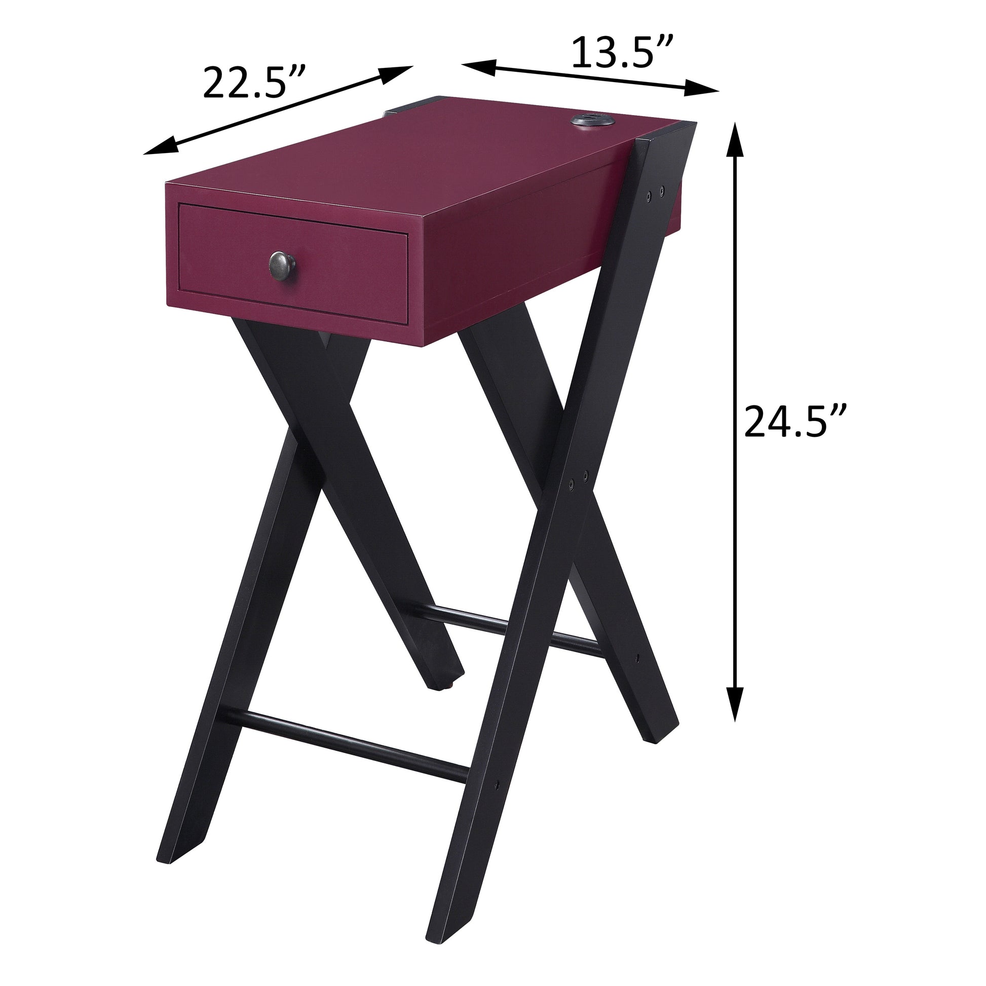 Maroon accent console table with a drawer and black Xframe legs
