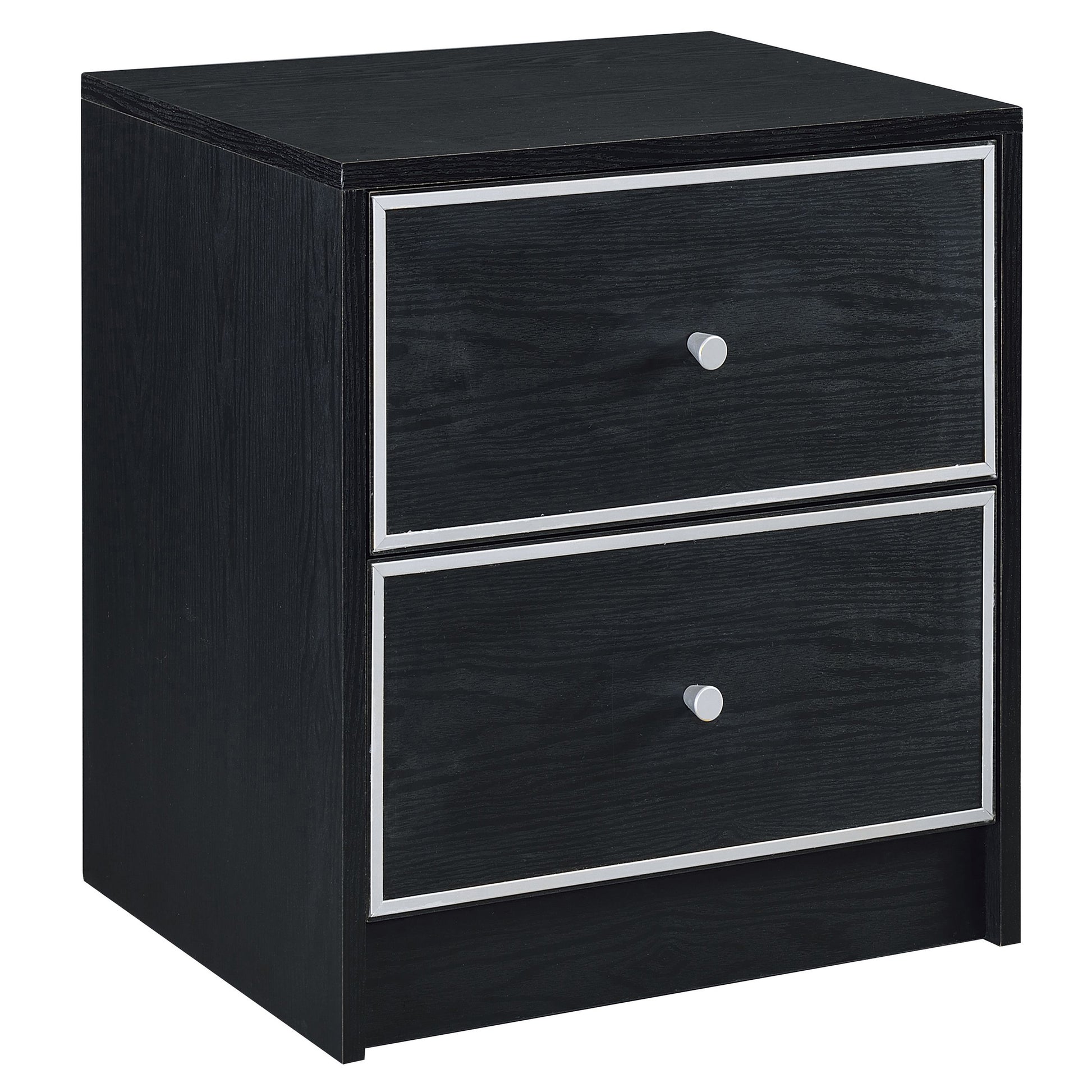 Black wood bedside table with two drawers and silver trim