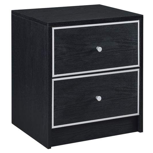 Black wood bedside table with two drawers and silver trim