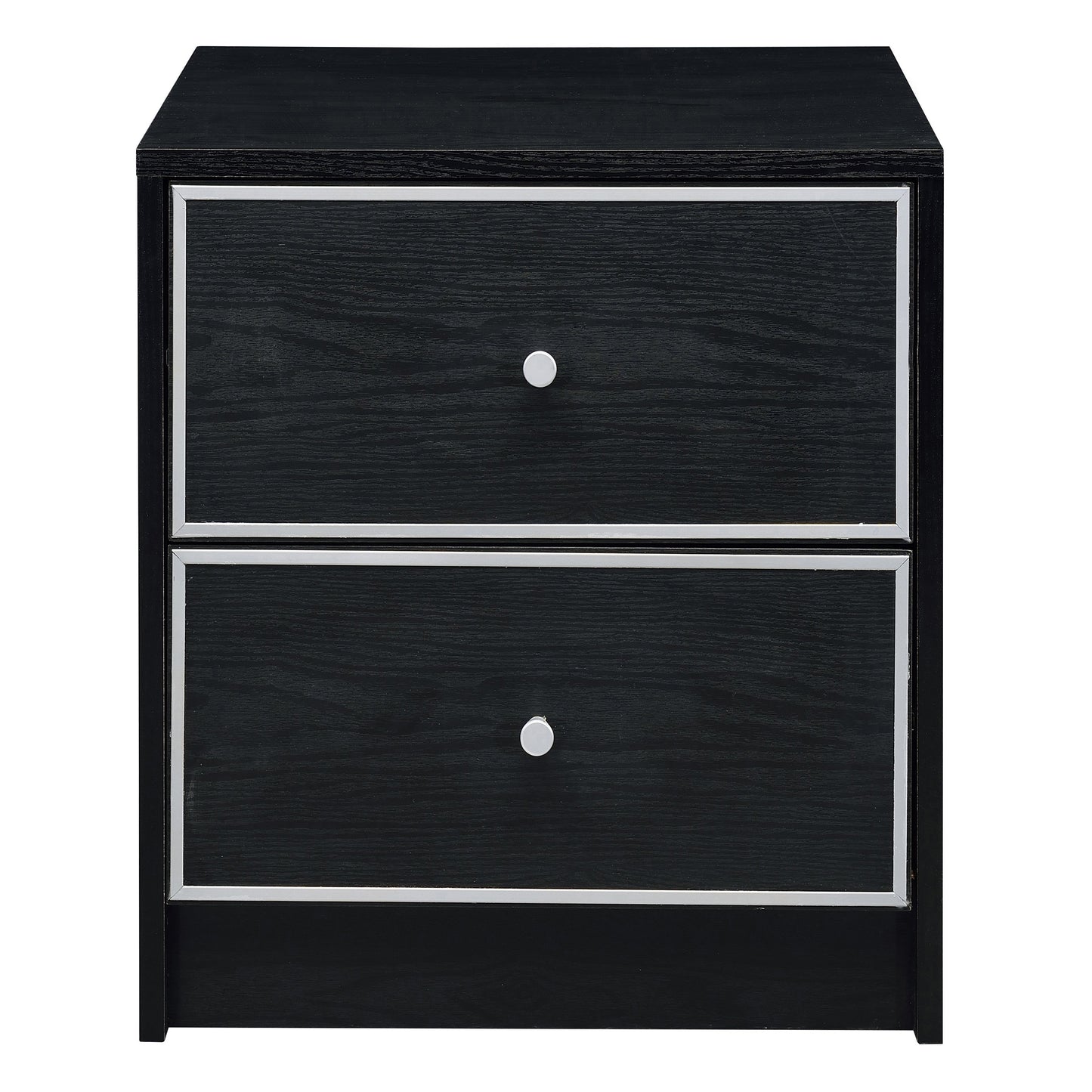 Black wood grain nightstand with two drawers and silver knobs