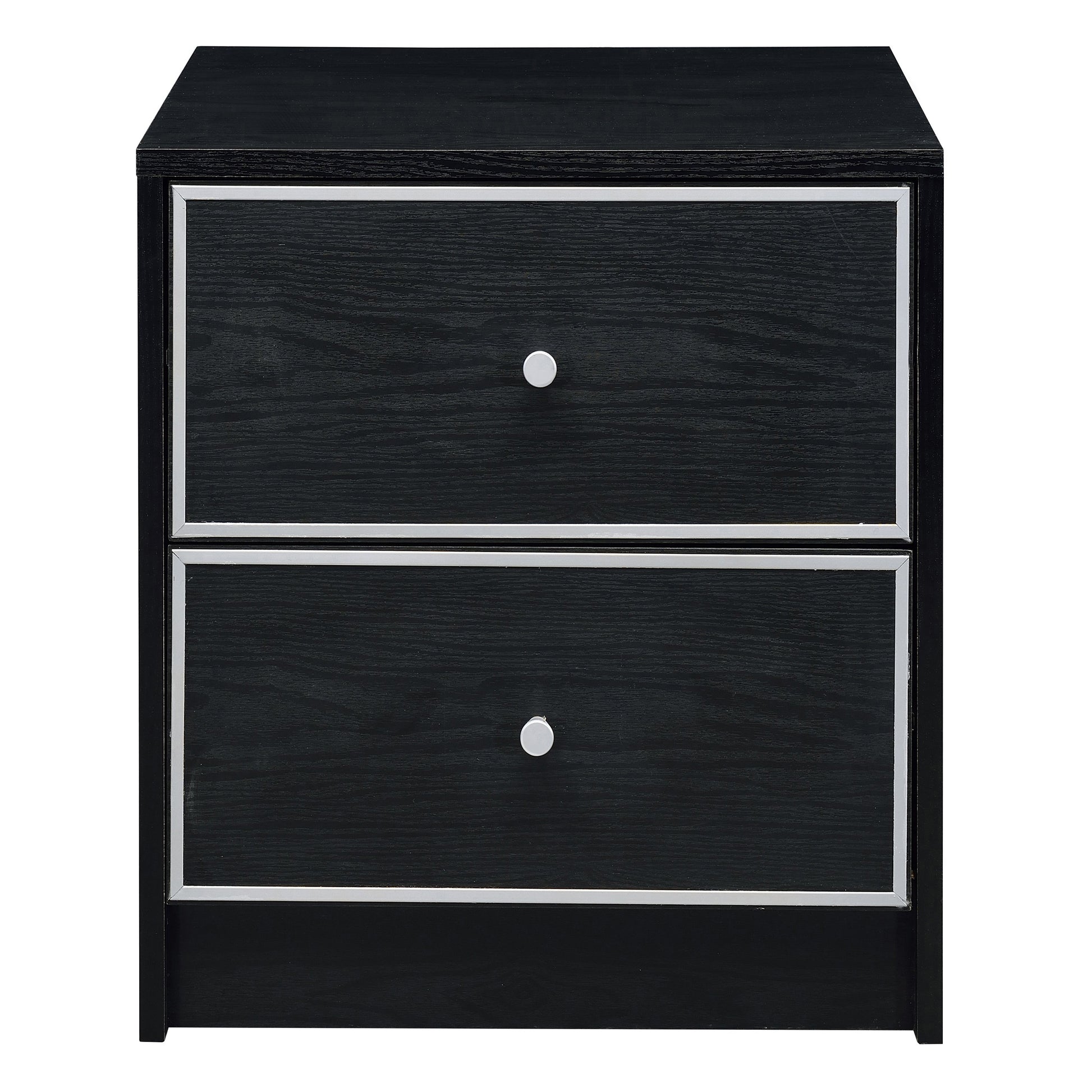 Black wood grain nightstand with two drawers and silver knobs