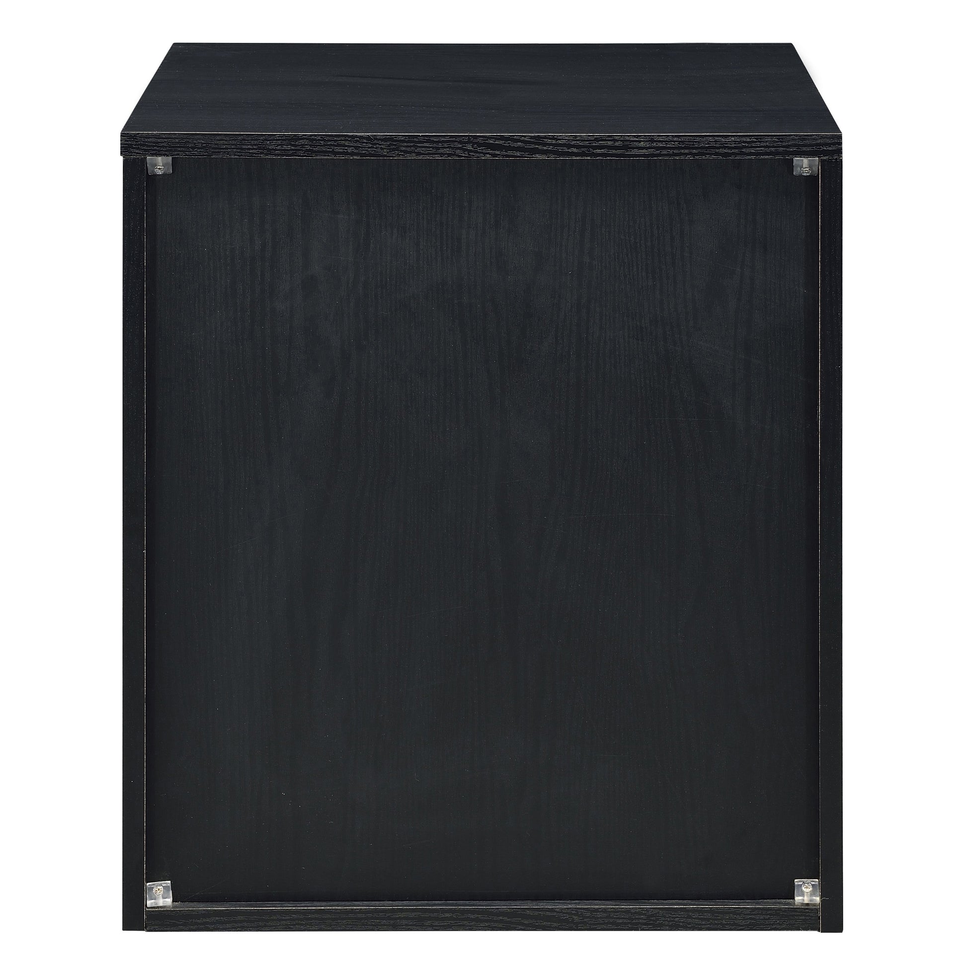 Modern black wood grain storage cube with visible hardware details