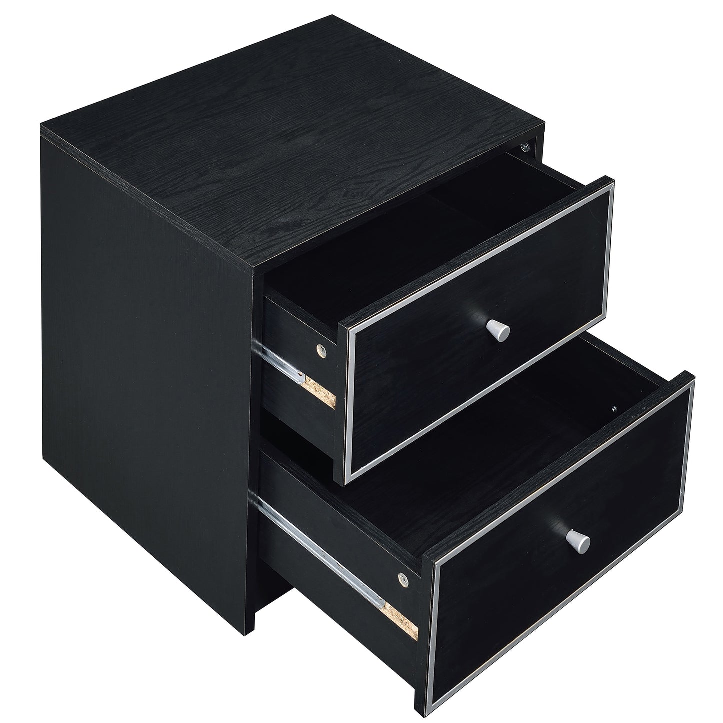 Black twodrawer nightstand with silver trim and pulls featuring a wood grain texture