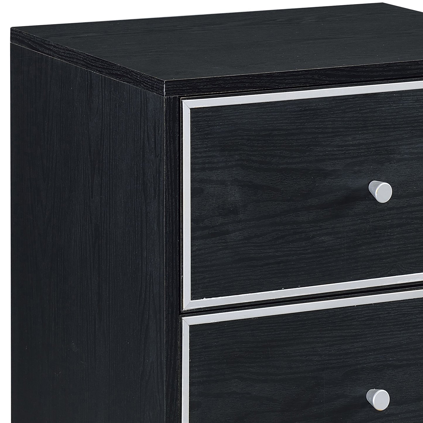 Black wood grain bedside table with silver hardware and two drawers for bedroom storage