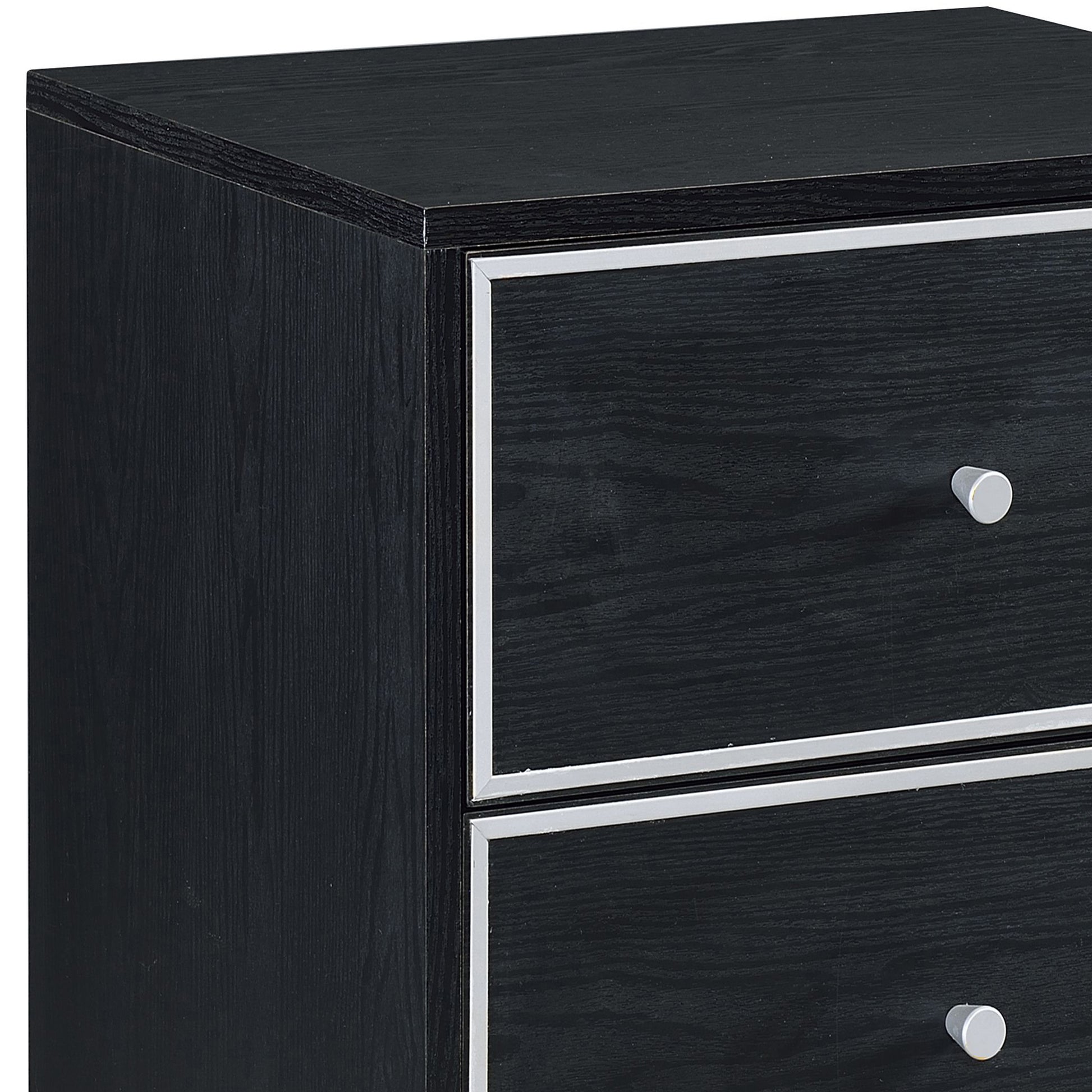 Black wood grain bedside table with silver hardware and two drawers for bedroom storage