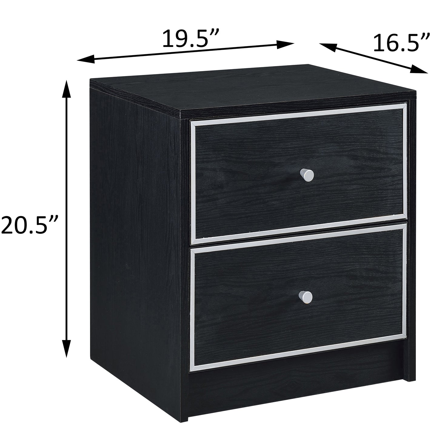 Black wood grain twodrawer nightstand with silver trim and knobs  H