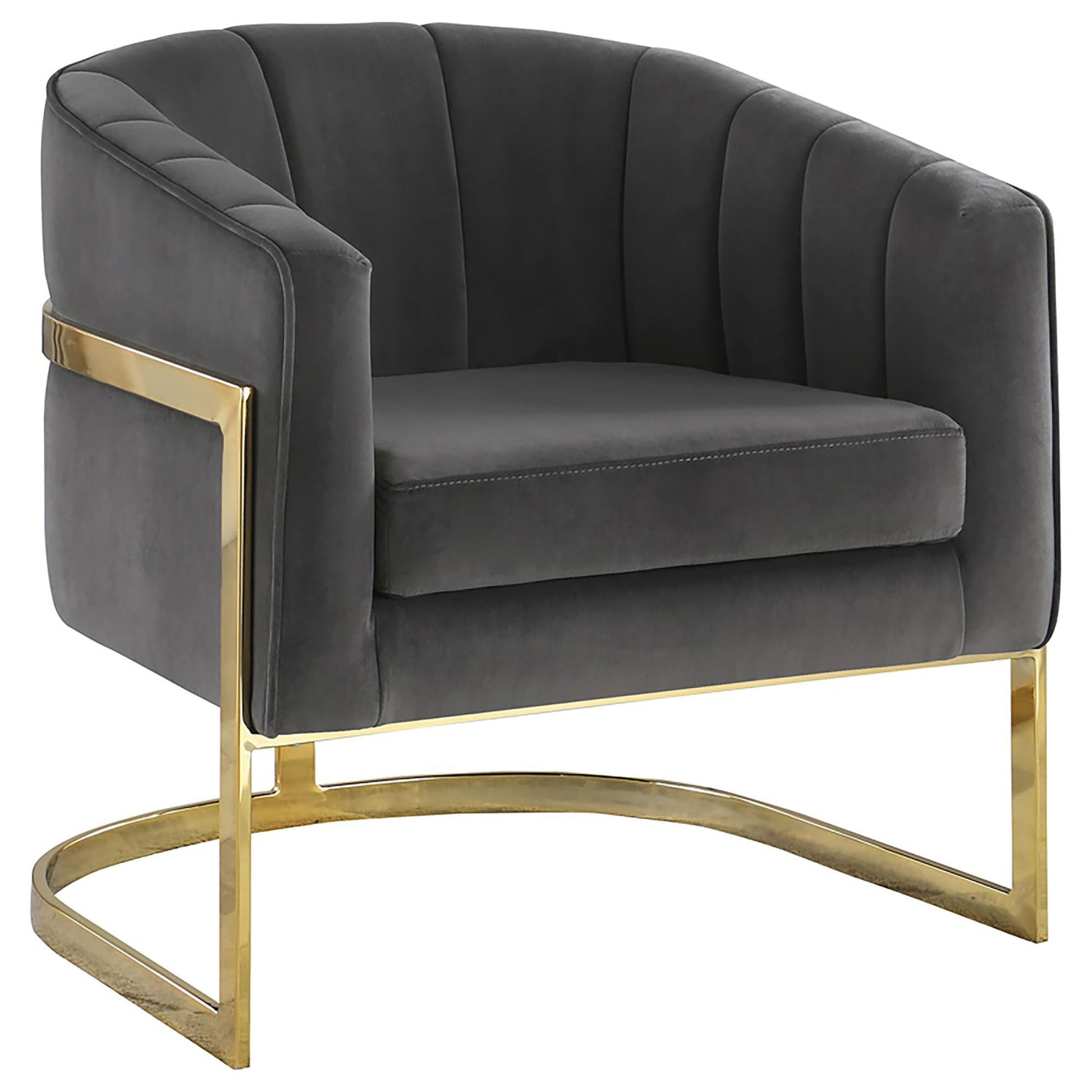Dark gray velvet armchair with fluted back and polished gold metal frame modern design