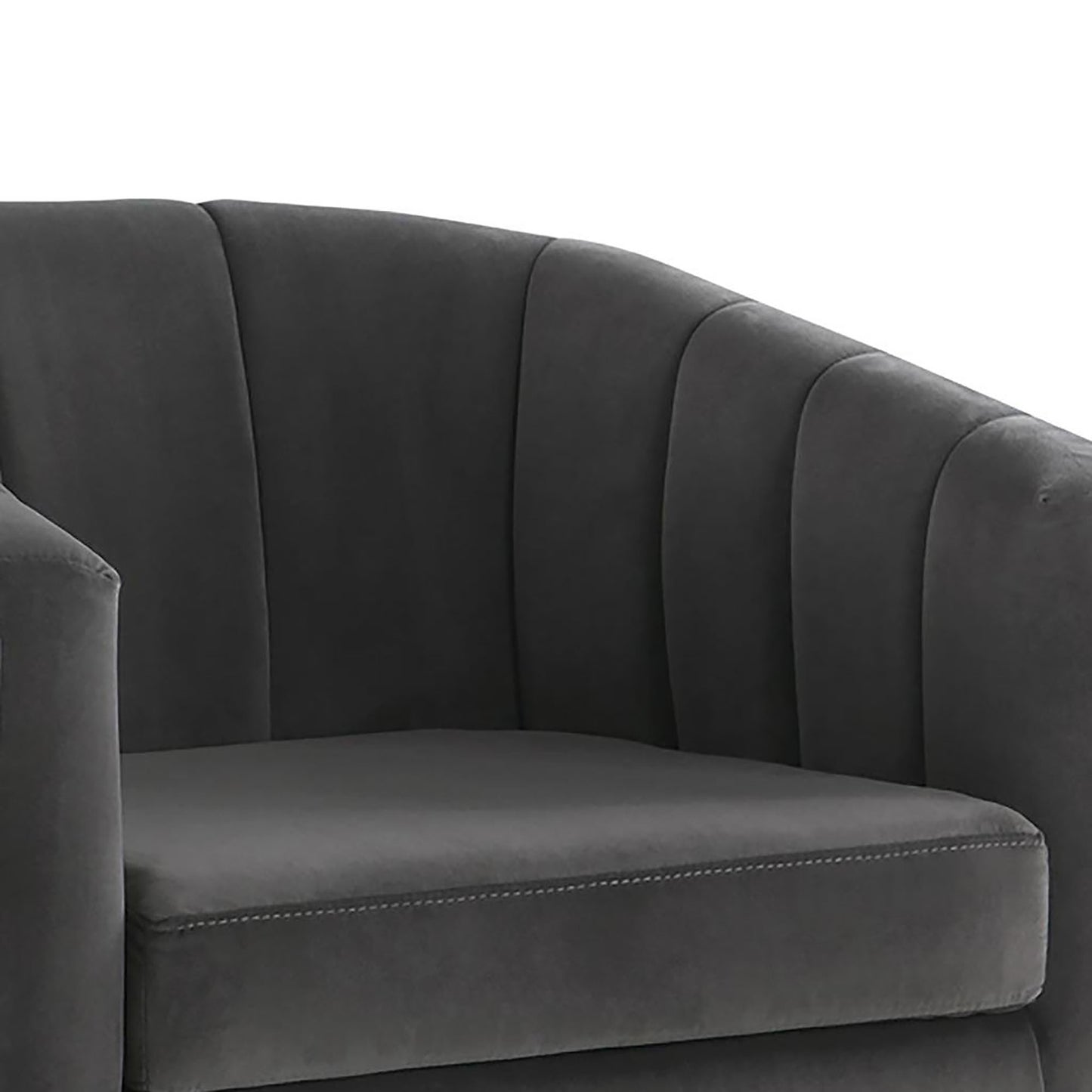 Dark grey velvet accent chair with channel tufting on back