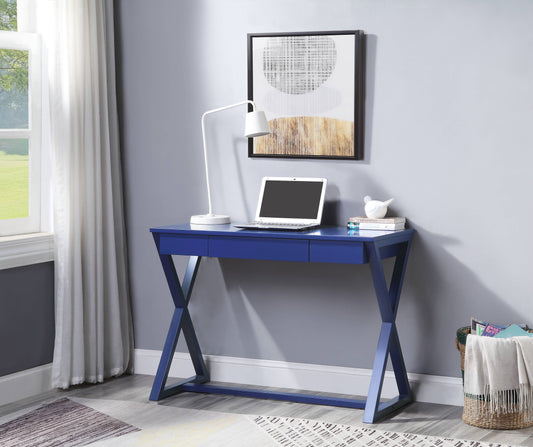 Sleek navy blue desk with Xframe legs featuring three drawers and a modern laptop for home office use