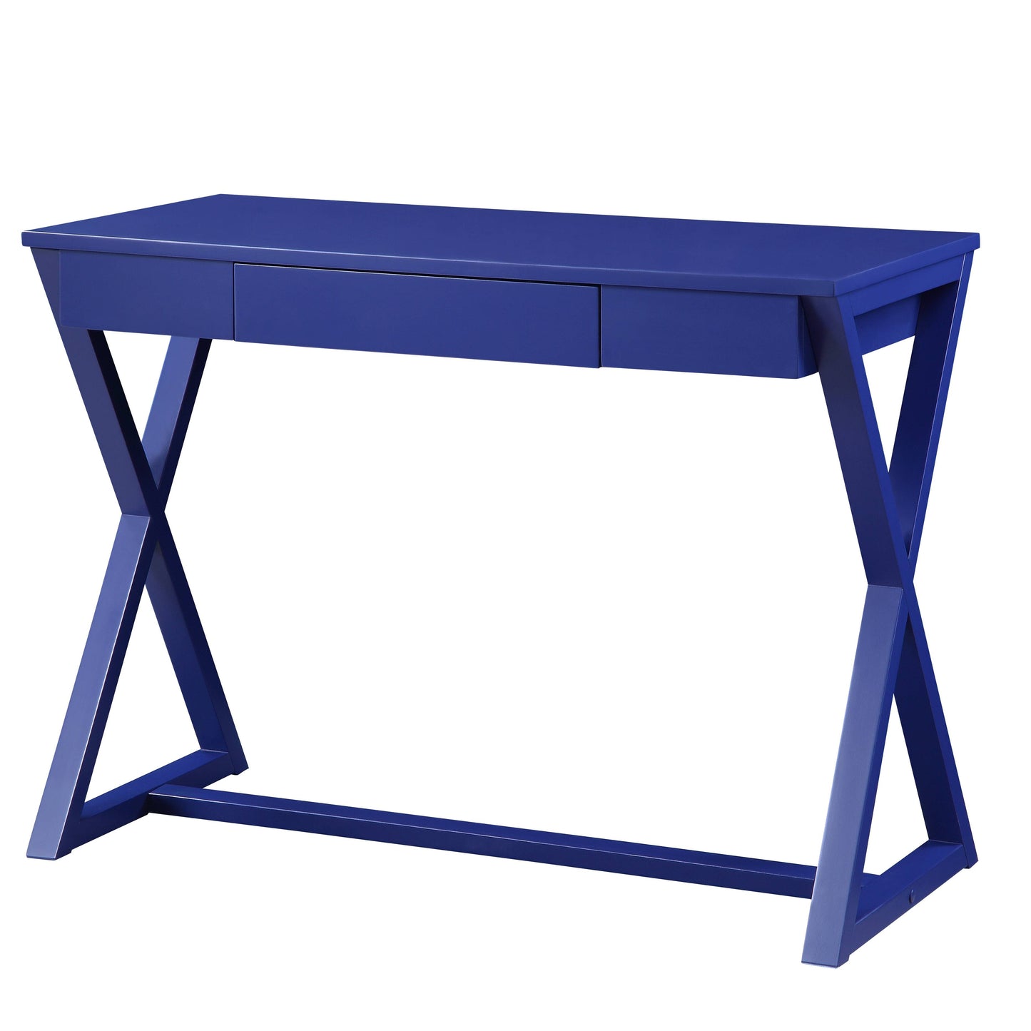 Modern navy blue writing desk with Xshaped legs and two drawers for home office
