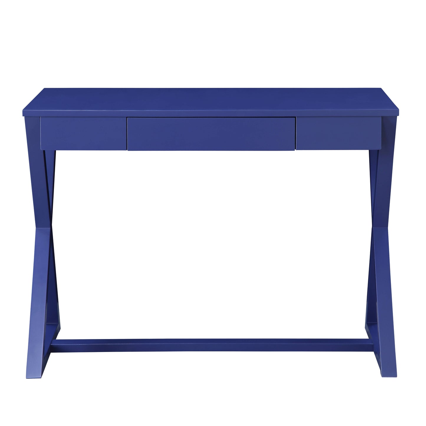 Vibrant blue metal desk with one drawer and crisscross legs for a modern workspace