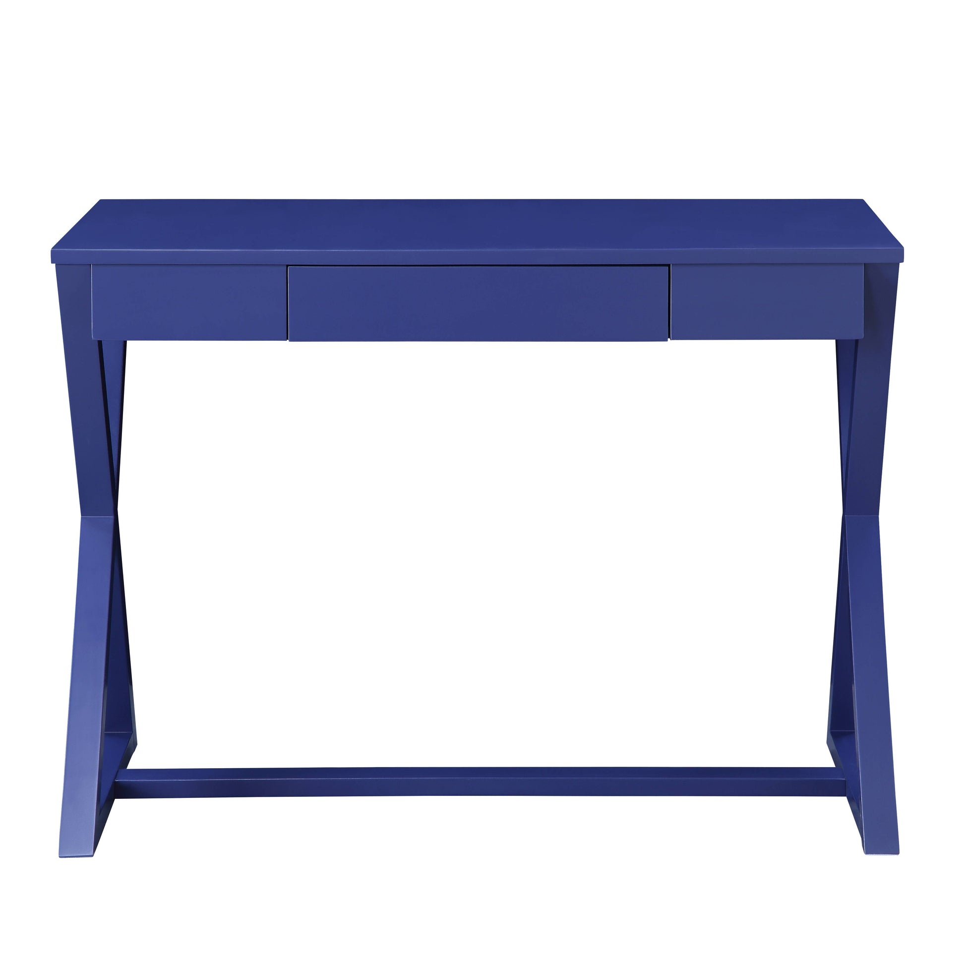 Vibrant blue metal desk with one drawer and crisscross legs for a modern workspace