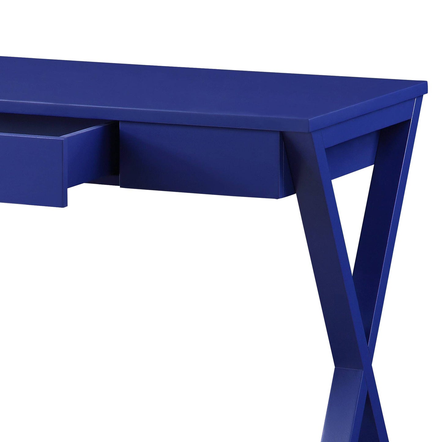Deep blue modern console table with open drawer and geometric legs