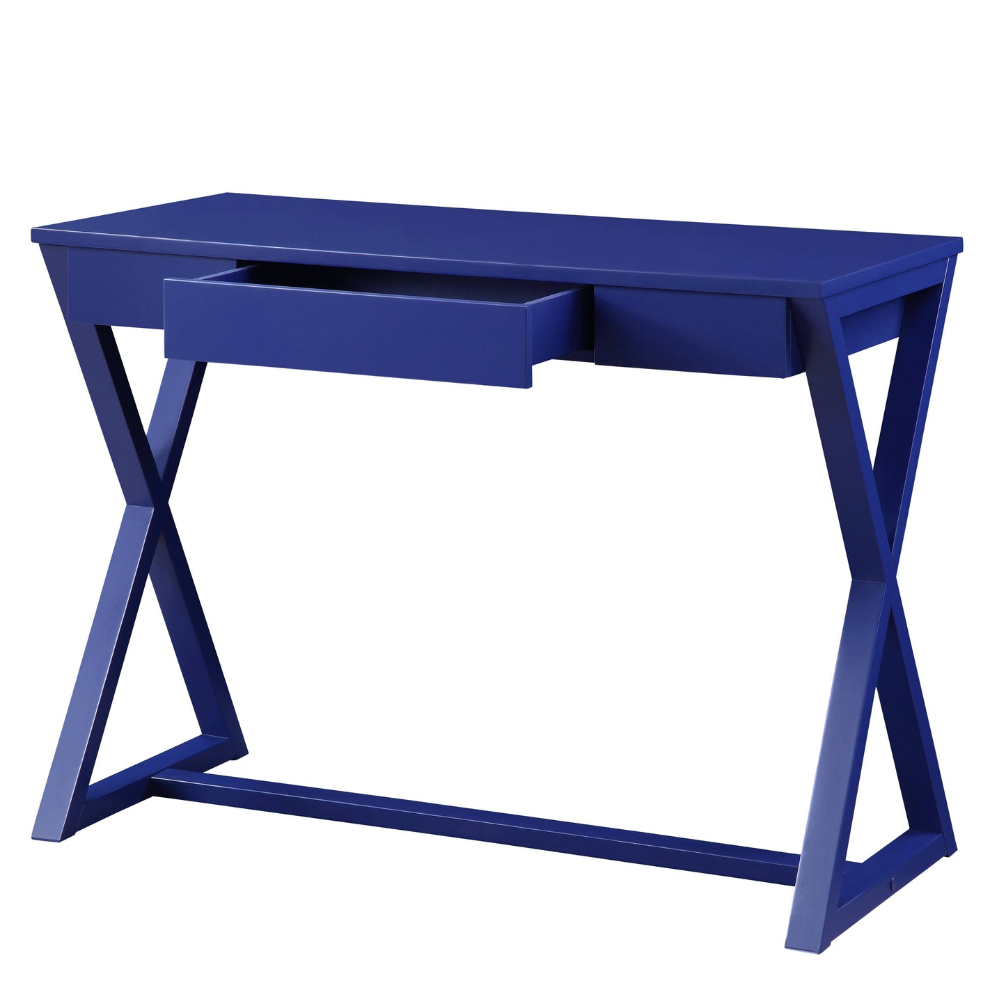 Navy blue modern desk with an open drawer and unique Xframe legs