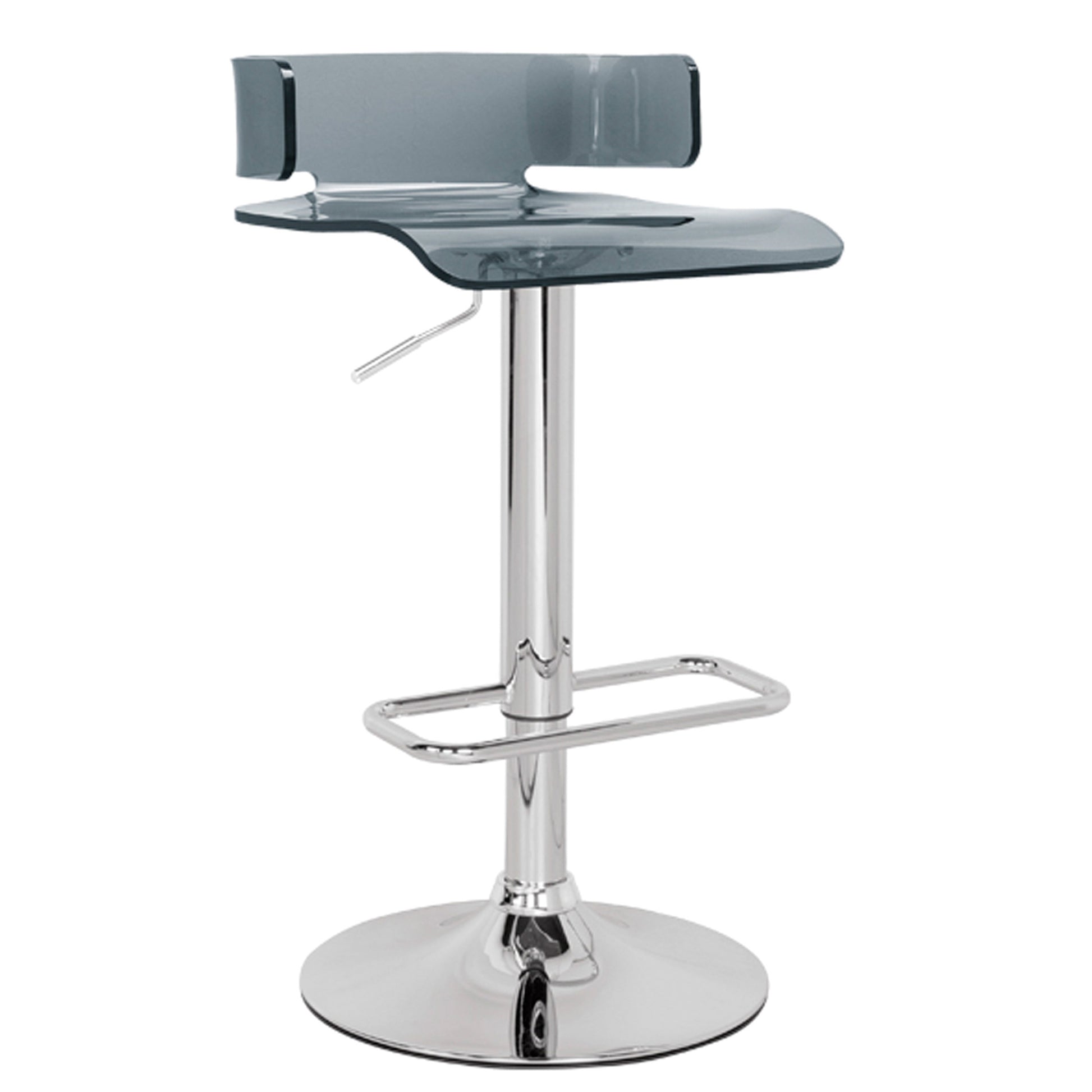 Adjustable gray acrylic bar stool with chrome base and footrest modern design